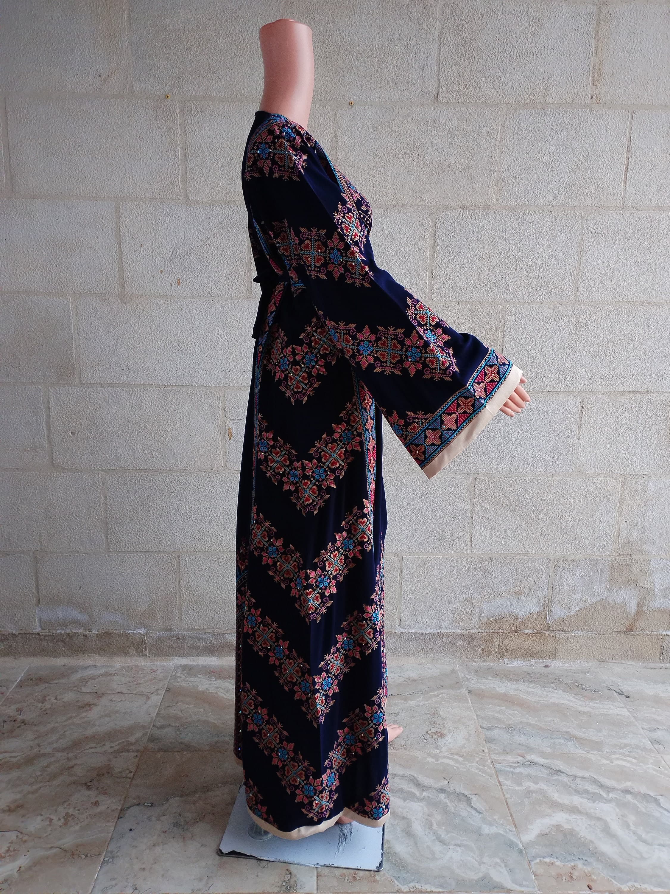 Palestinian Thobe Tatreez Dress Navy Blue and Red Embroidery connect - image 4