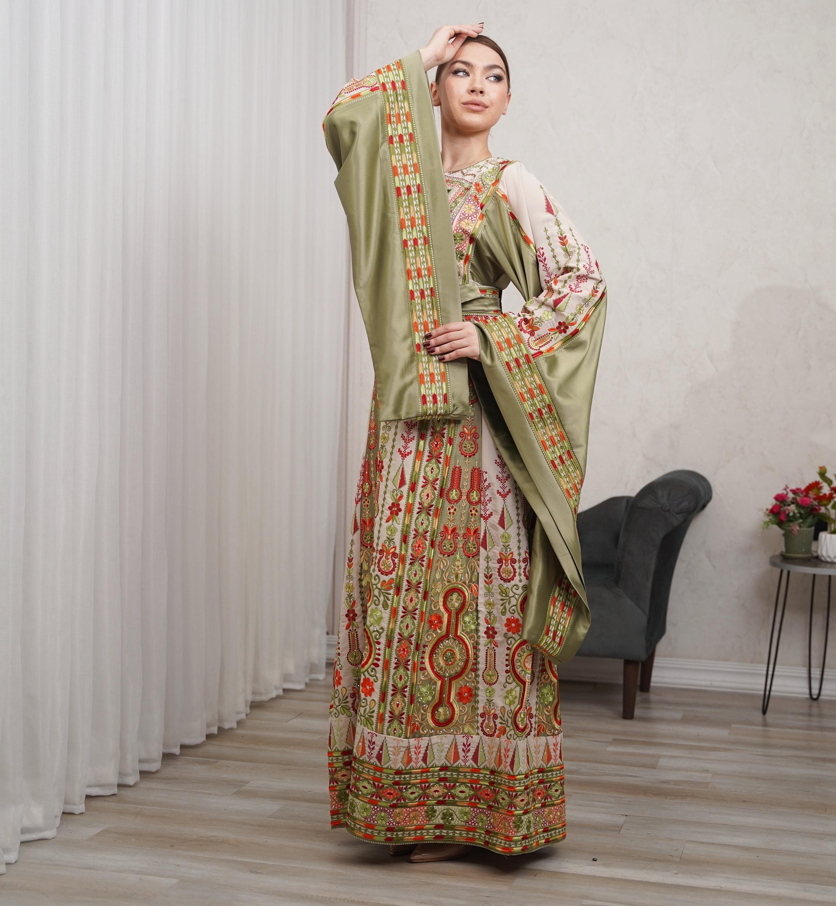 Palestinian Thobe Tatreez Dress Luxury Fellahi Cappuccino and Green with extended sleeves. - image 4