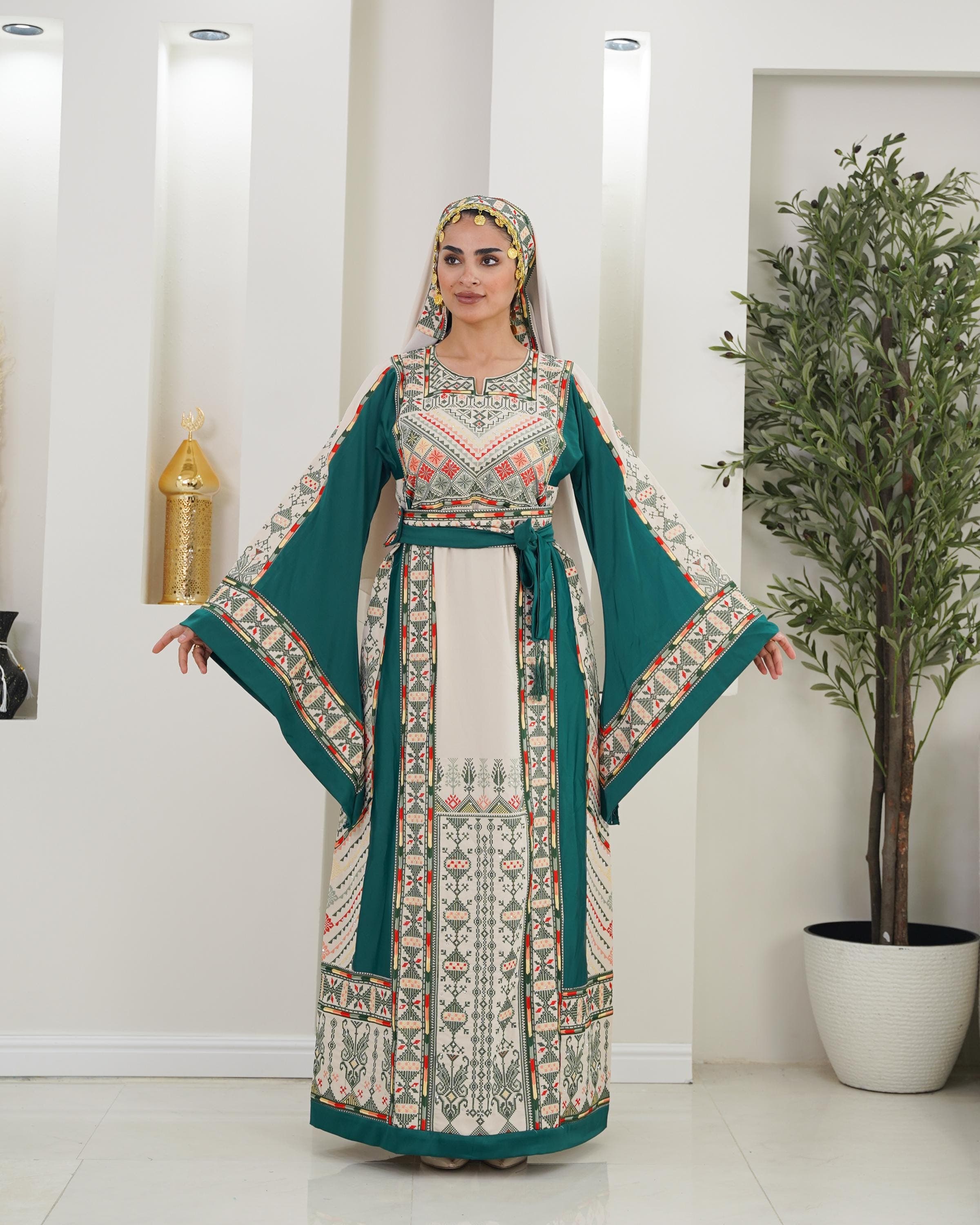 Palestinian Thobe Tatreez Dress Luxury Fellahi Cappuccino and  Green Elegance. - image 2