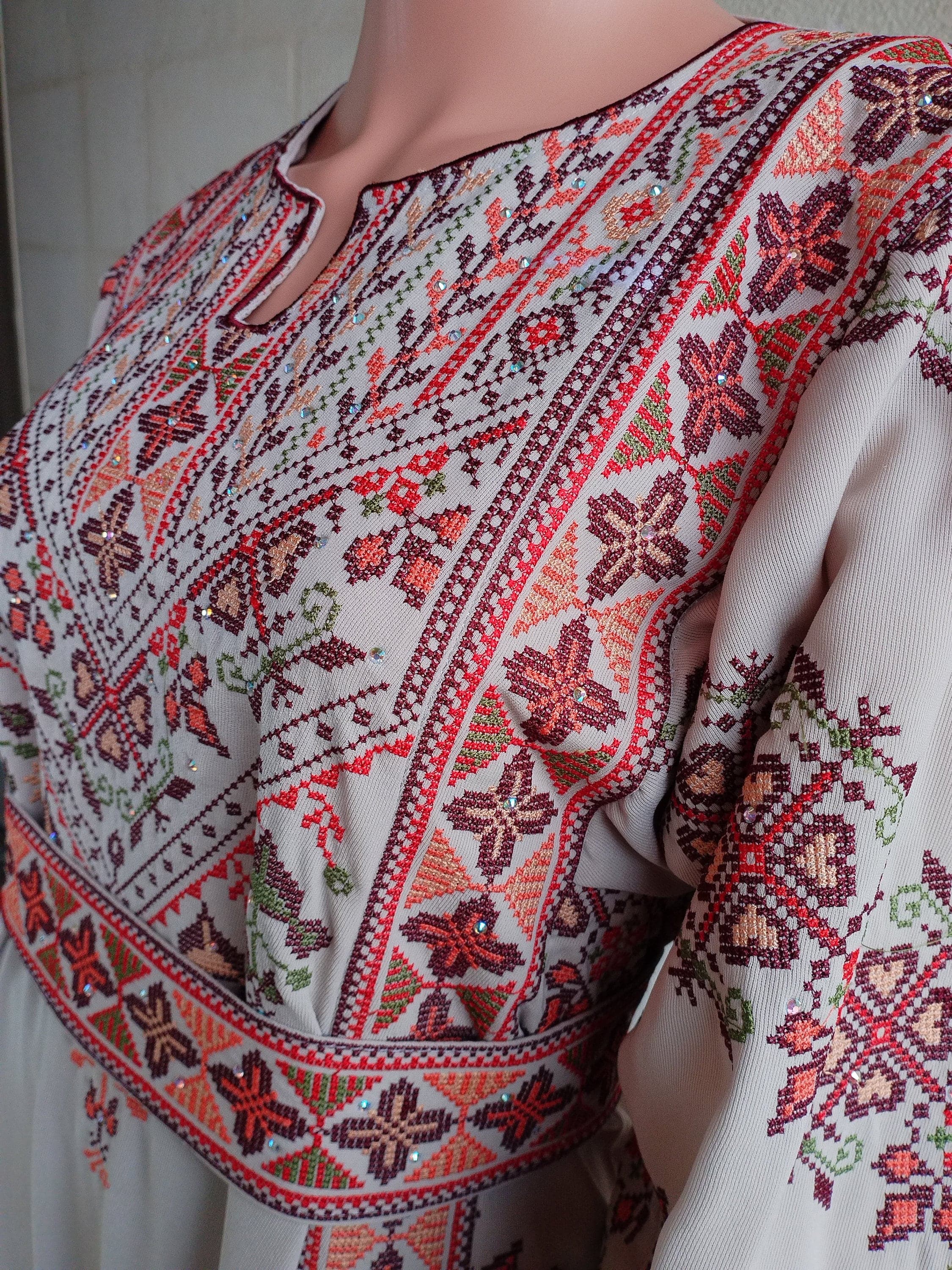 Palestinian Thobe Tatreez Dress Cappuccino and Burgundy Embroidery connect - image 3