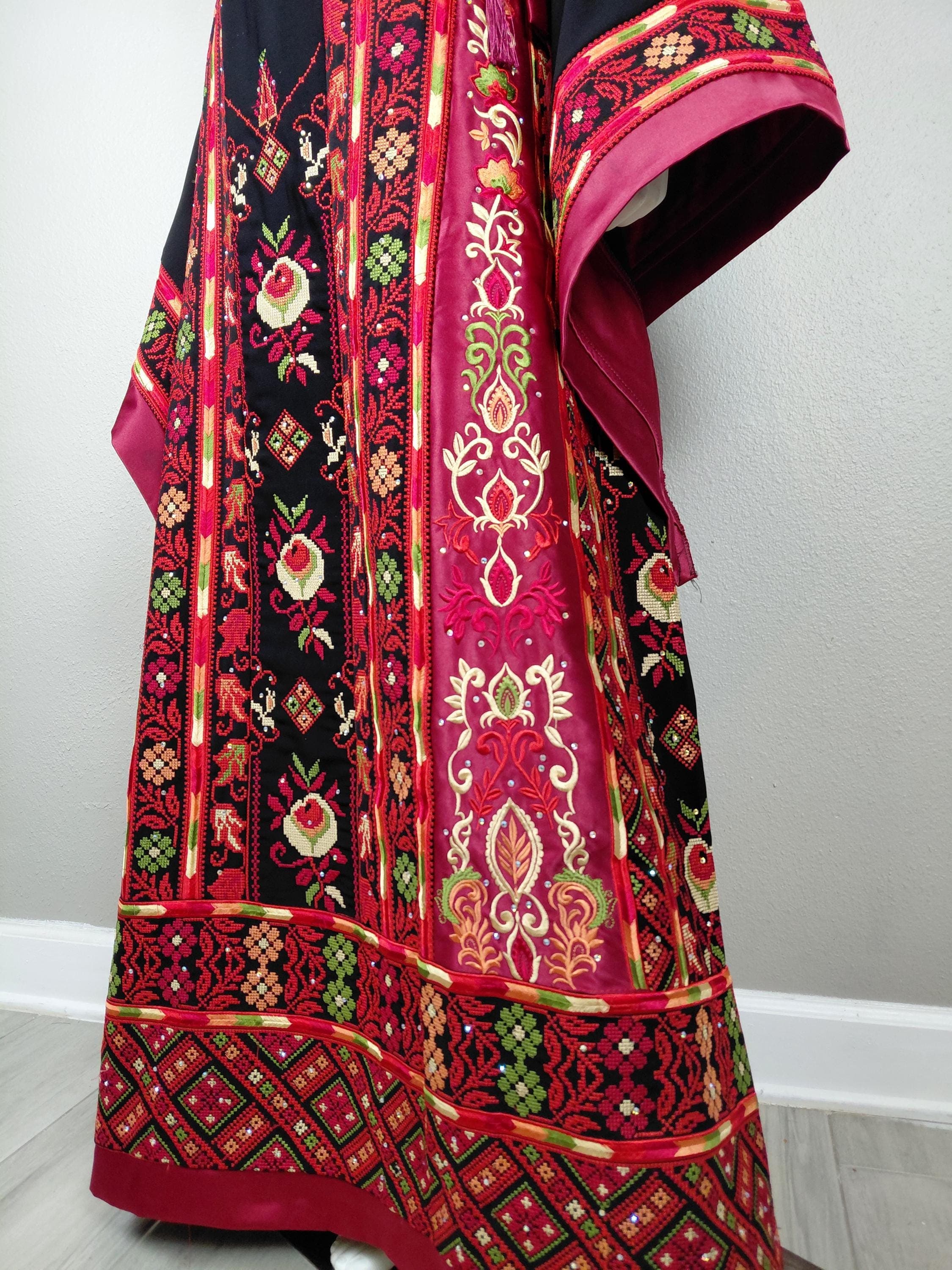 Palestinian Thobe Tatreez Dress Luxury Fellahi Black and Red Embroidered Satin - image 4