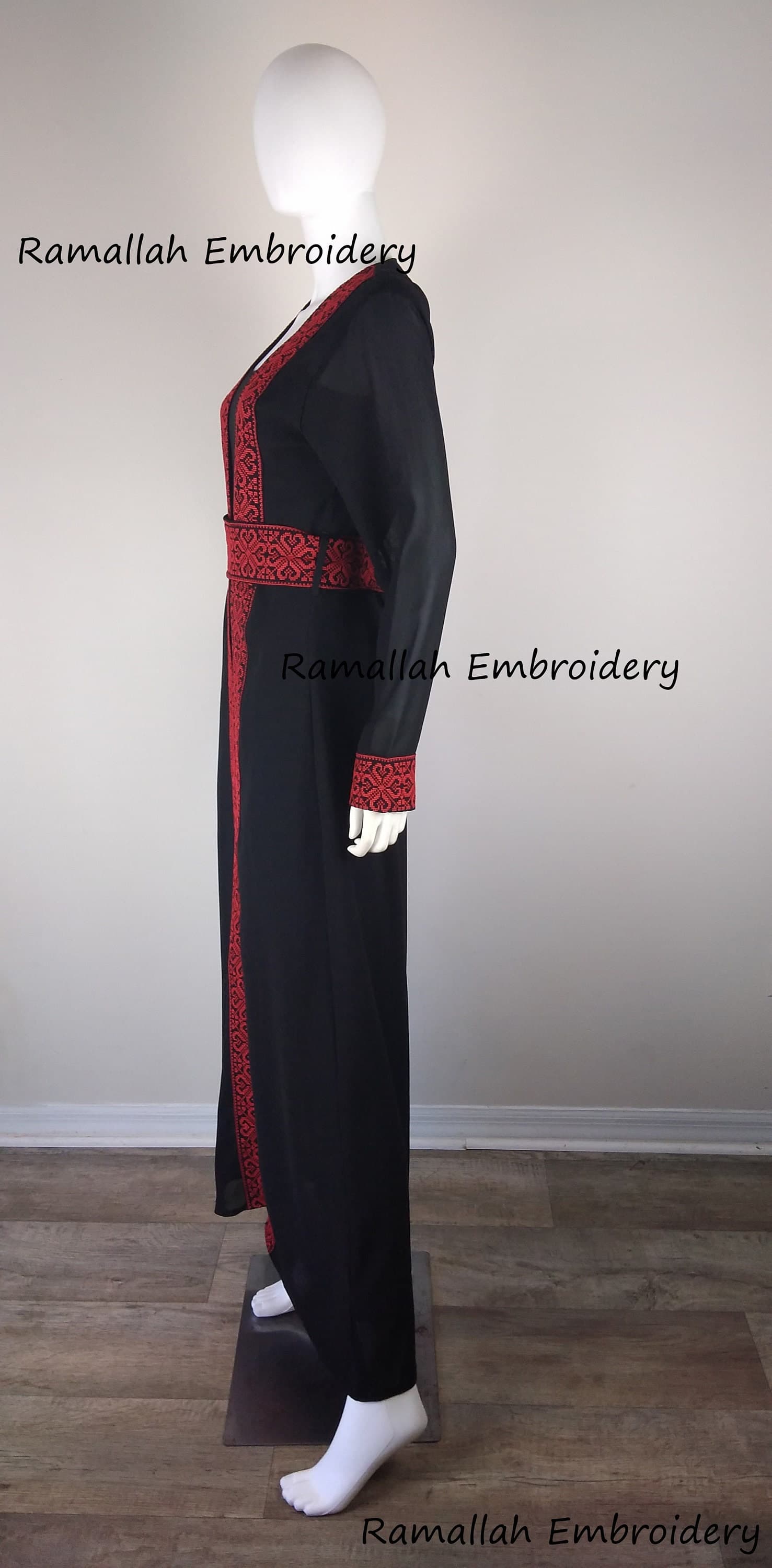 Palestinian Embroidered Open Abaya Black And Red Amazing Bisht See Through - image 5