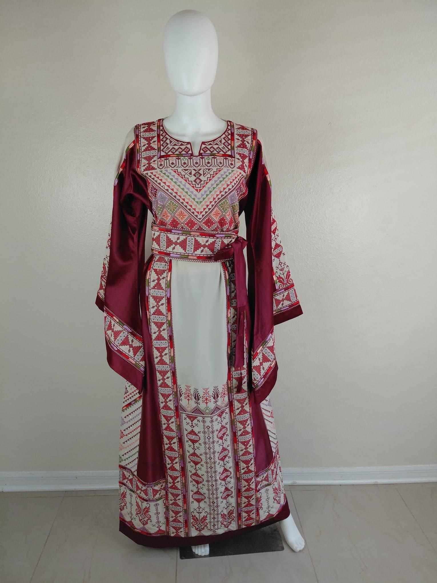 Palestinian Thobe Tatreez Dress Luxury Fellahi Cappuccino and Burgundy Elegance - image 3