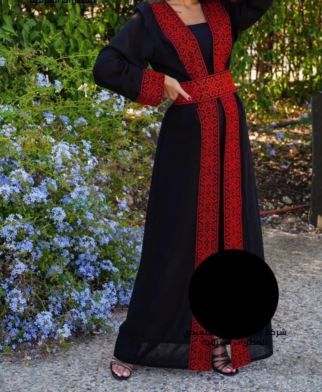 Palestinian Embroidered Open Abaya Black And Red Amazing Bisht See Through