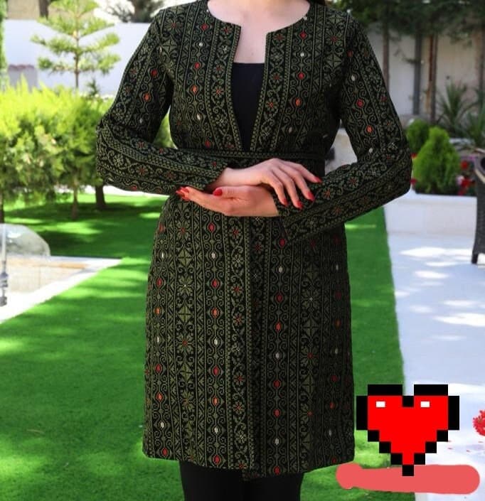Palestinian Tatreez Embroidery Jacket Black and Green Knee Reach