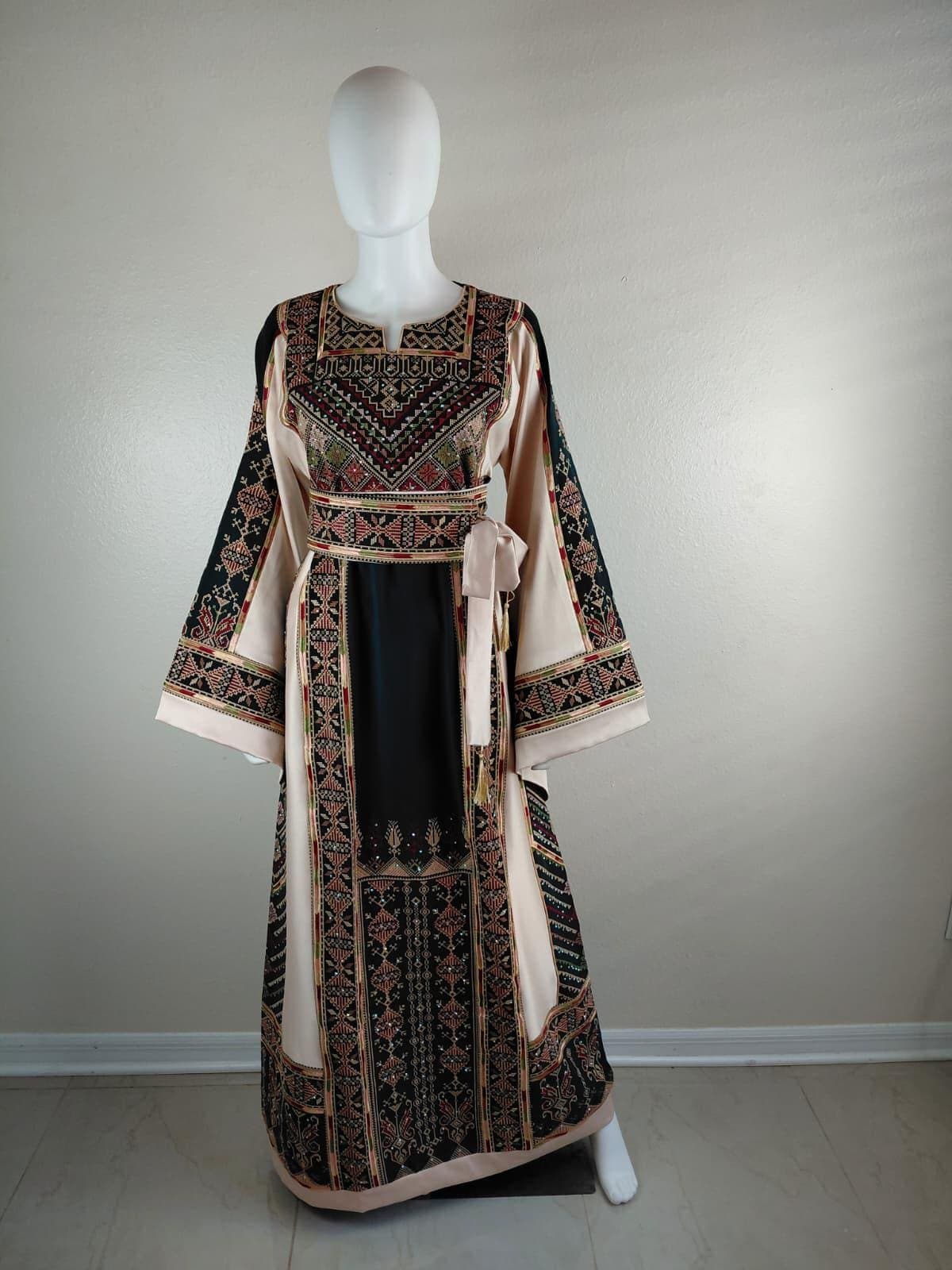 Palestinian Thobe Tatreez Dress Luxury Fellahi Green and Golden Elegance.