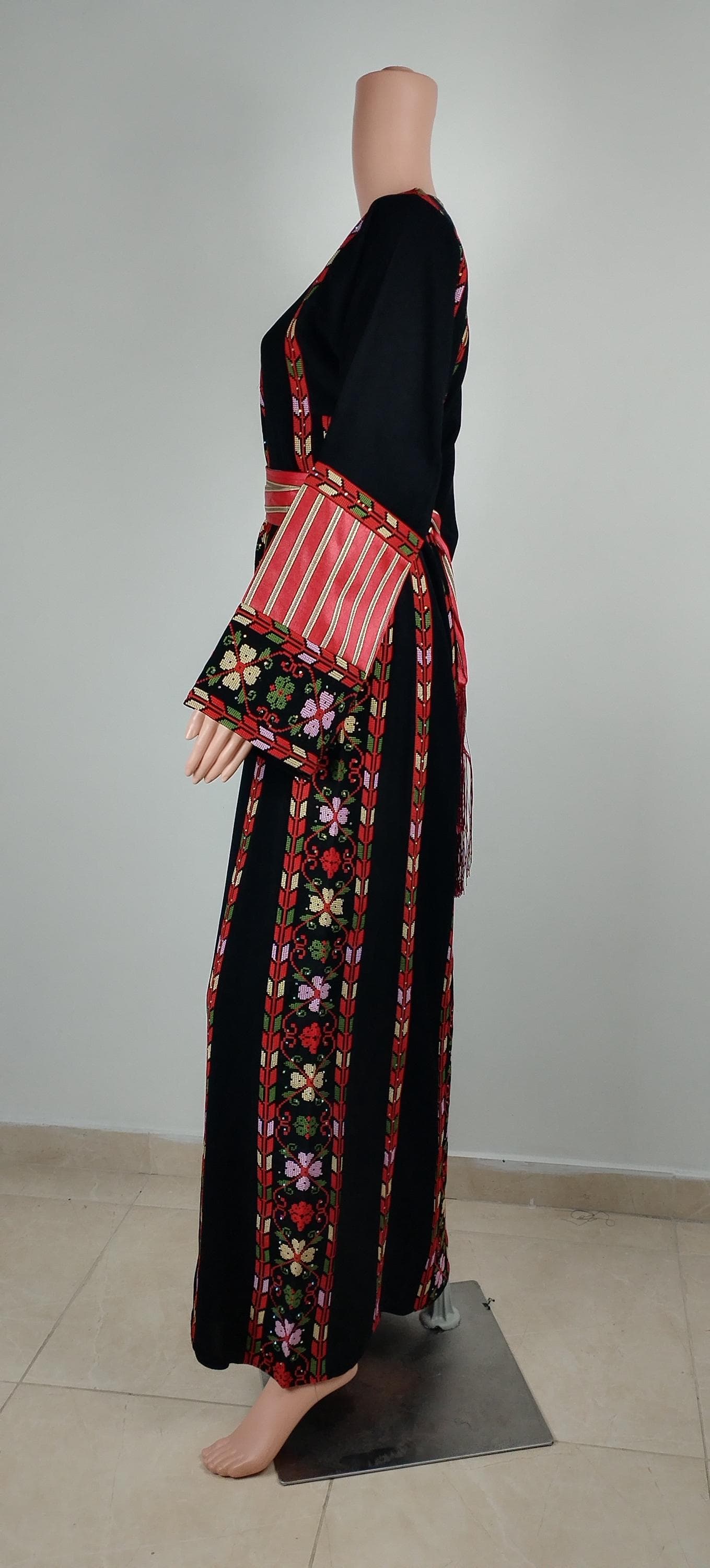 Palestinian Thobe Tatreez Dress Black and Red  with Kashmir Belt Included. - image 5