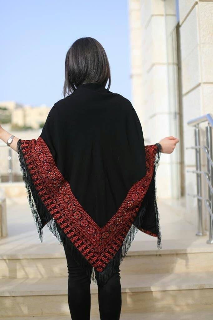 Shawl Palestinian Embroidery Black And Red  Tatreez