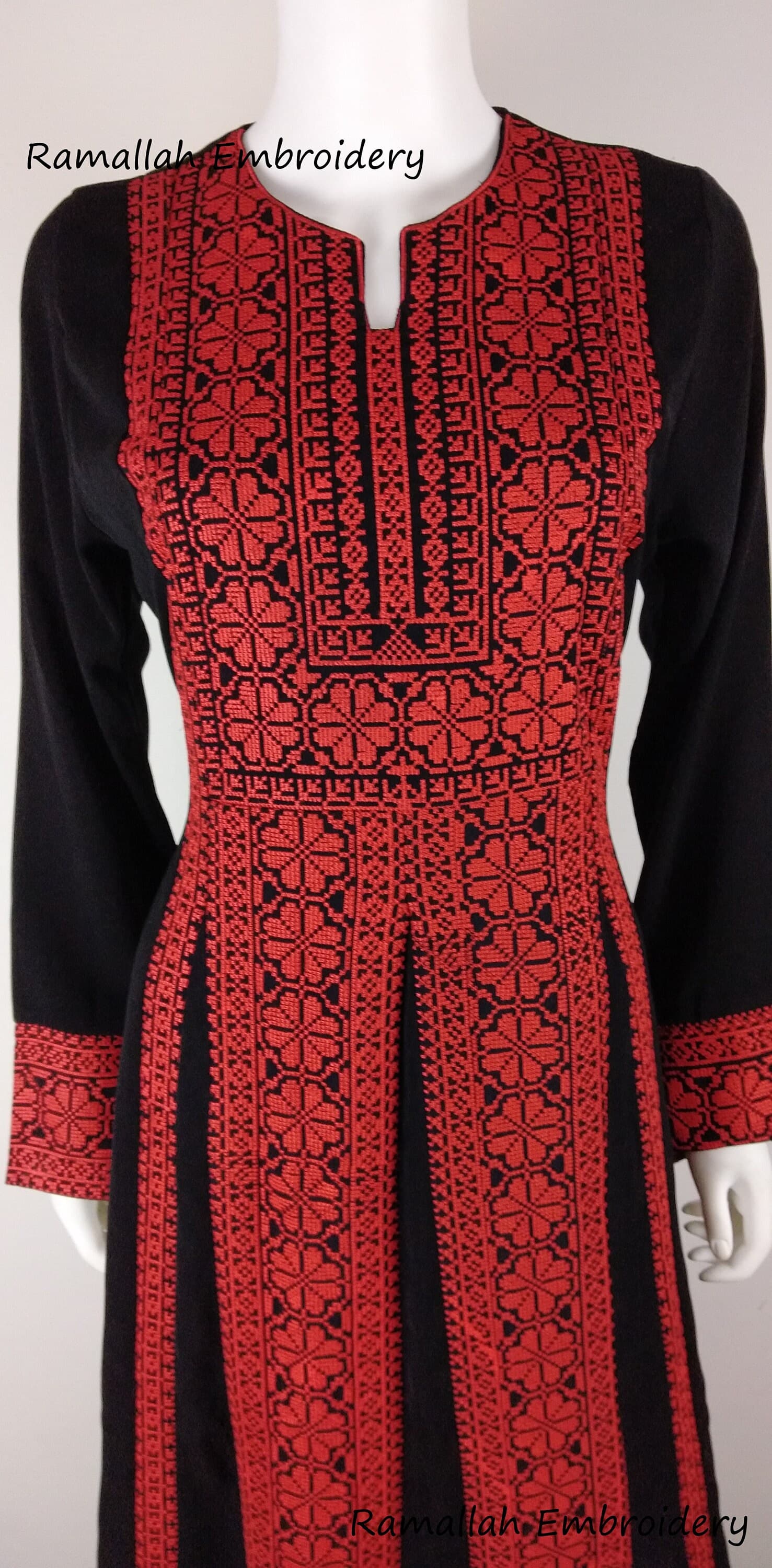 Palestinian Kaftan Thobe Thob Embroidery Black with Red Tatreez Stripes - image 3