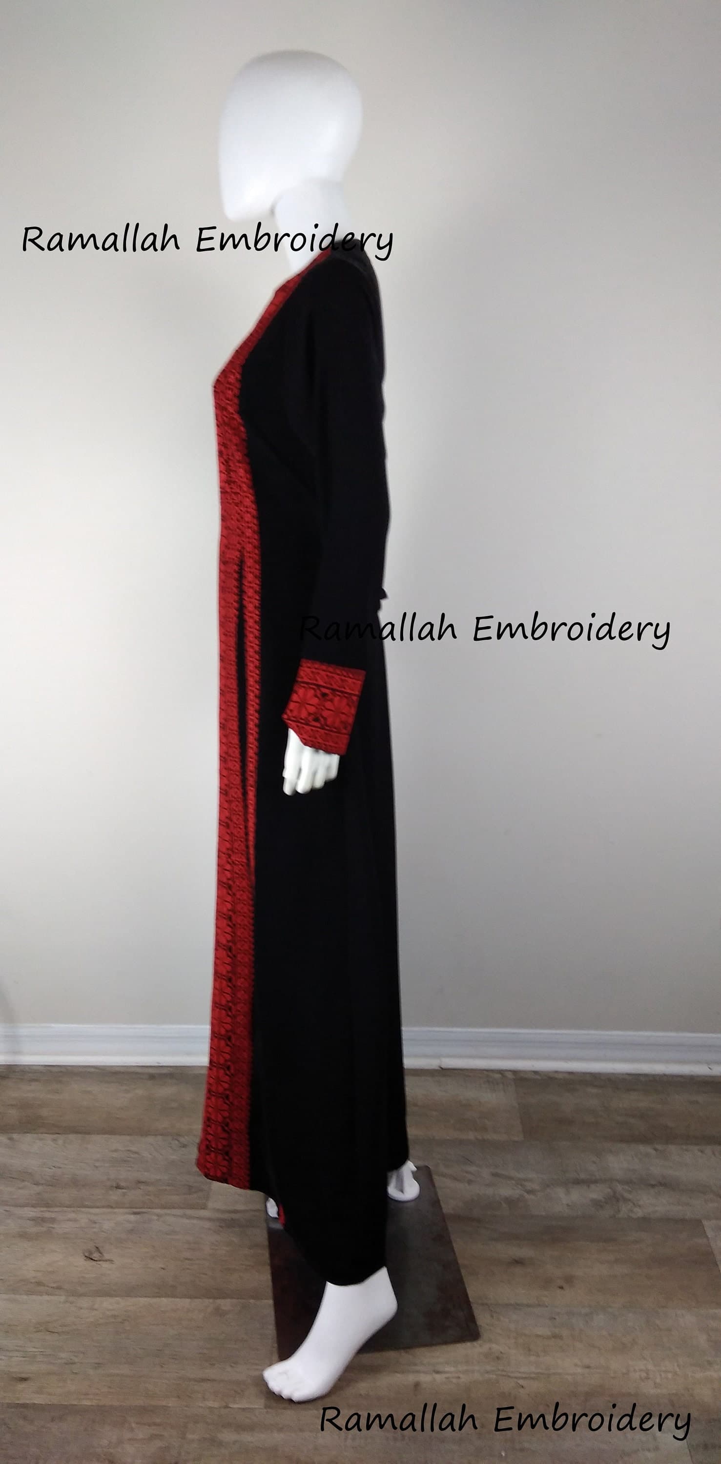 Palestinian Kaftan Thobe Thob Embroidery Black with Red Tatreez Stripes - image 4