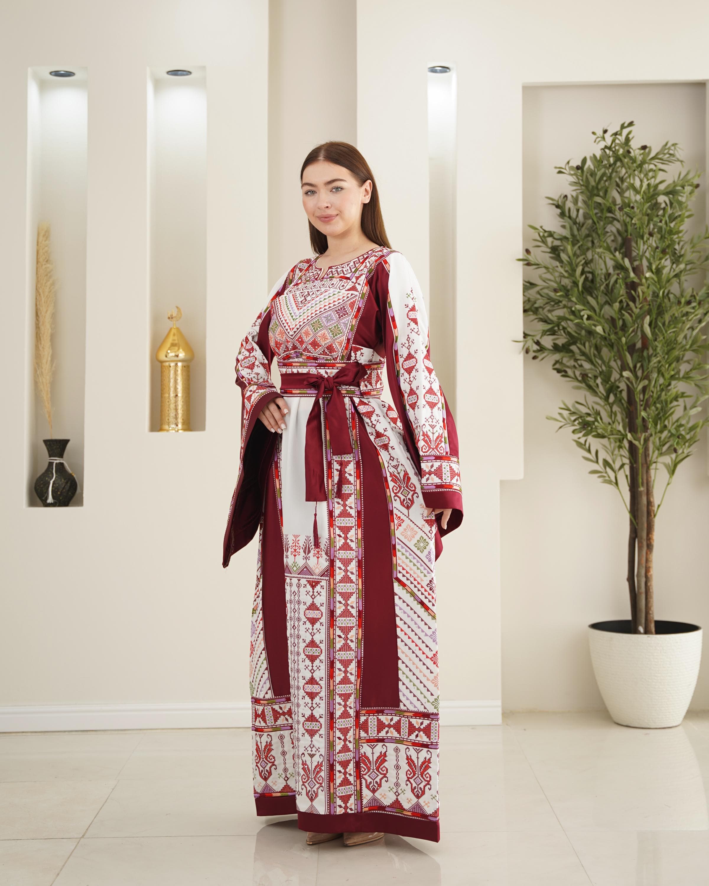 Palestinian Thobe Tatreez Dress Luxury Fellahi White and Burgundy Elegance. - image 3