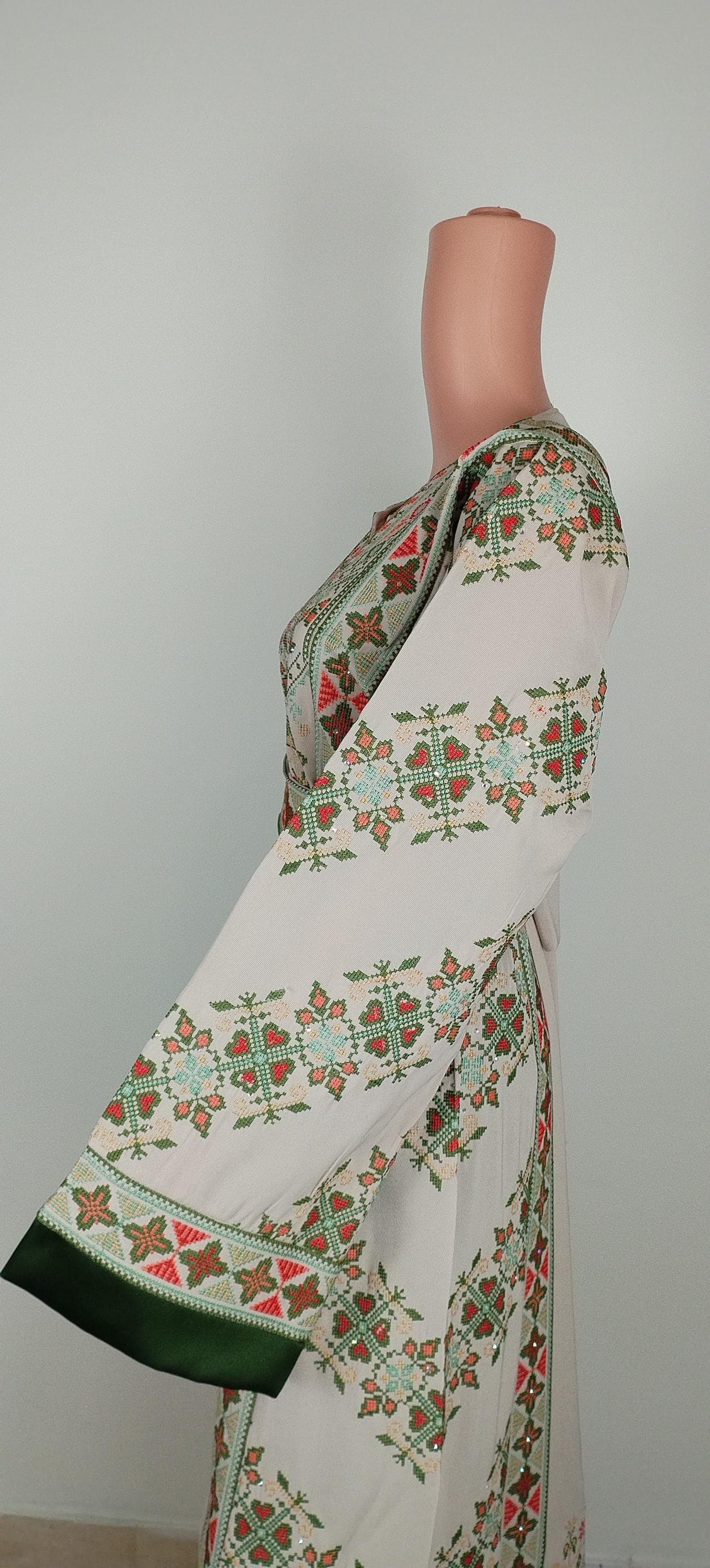 Palestinian Thobe Tatreez Dress Cappuccino and Green Embroidery connect - image 5