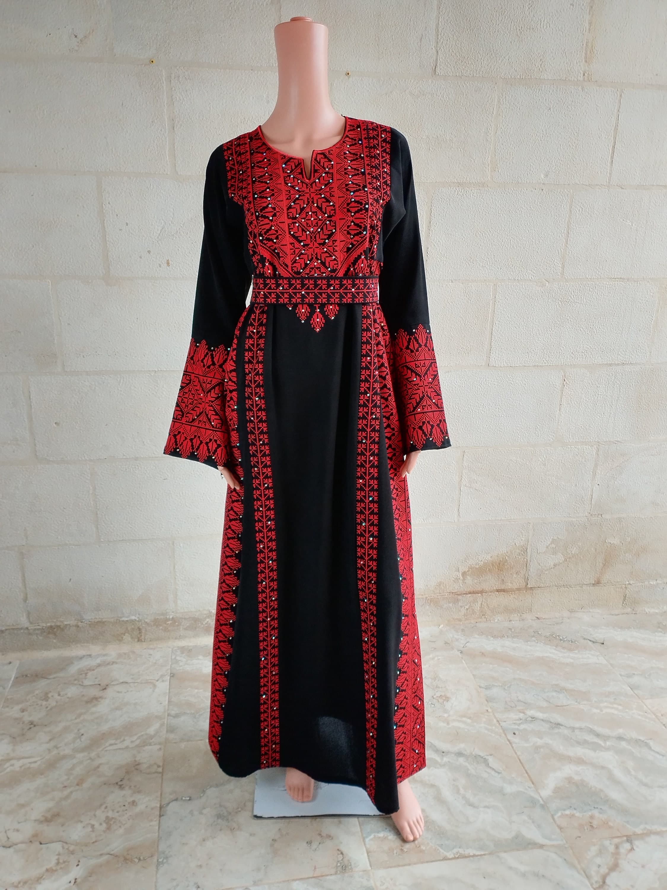 Palestinian Thobe Maxi Dress Tatreez Embroidery Six Strips Red