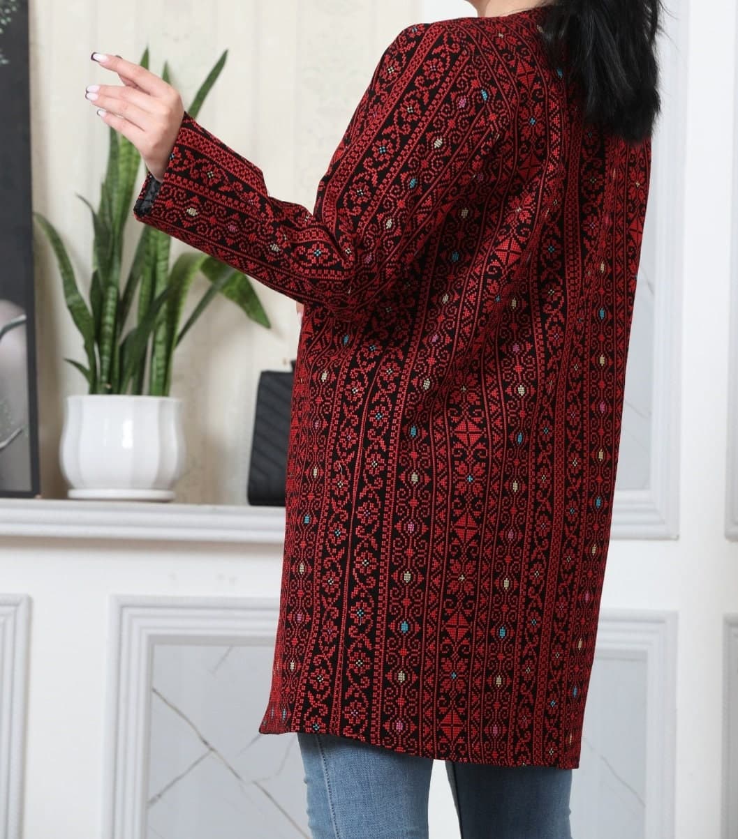 Palestinian Tatreez Embroidery Jacket Black and Red Knee Reach - image 4