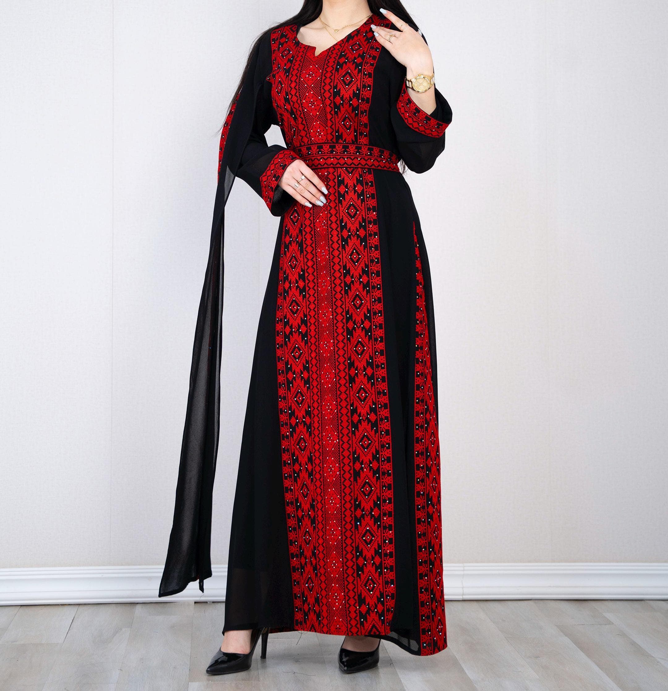 Palestinian Thobe Tatreez  Embroidery Dress Black And Red Yashmak with Ruffle - image 3