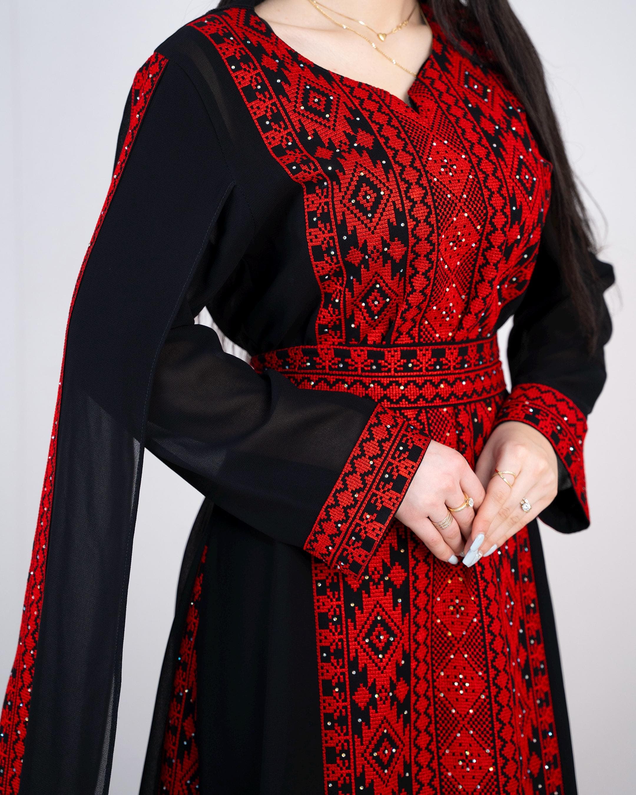 Palestinian Thobe Tatreez  Embroidery Dress Black And Red Yashmak with Ruffle