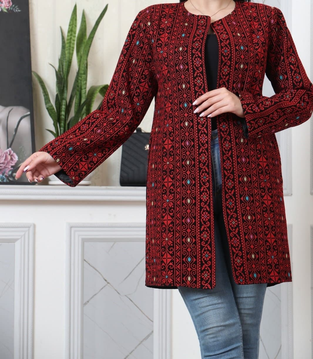 Palestinian Tatreez Embroidery Jacket Black and Red Knee Reach