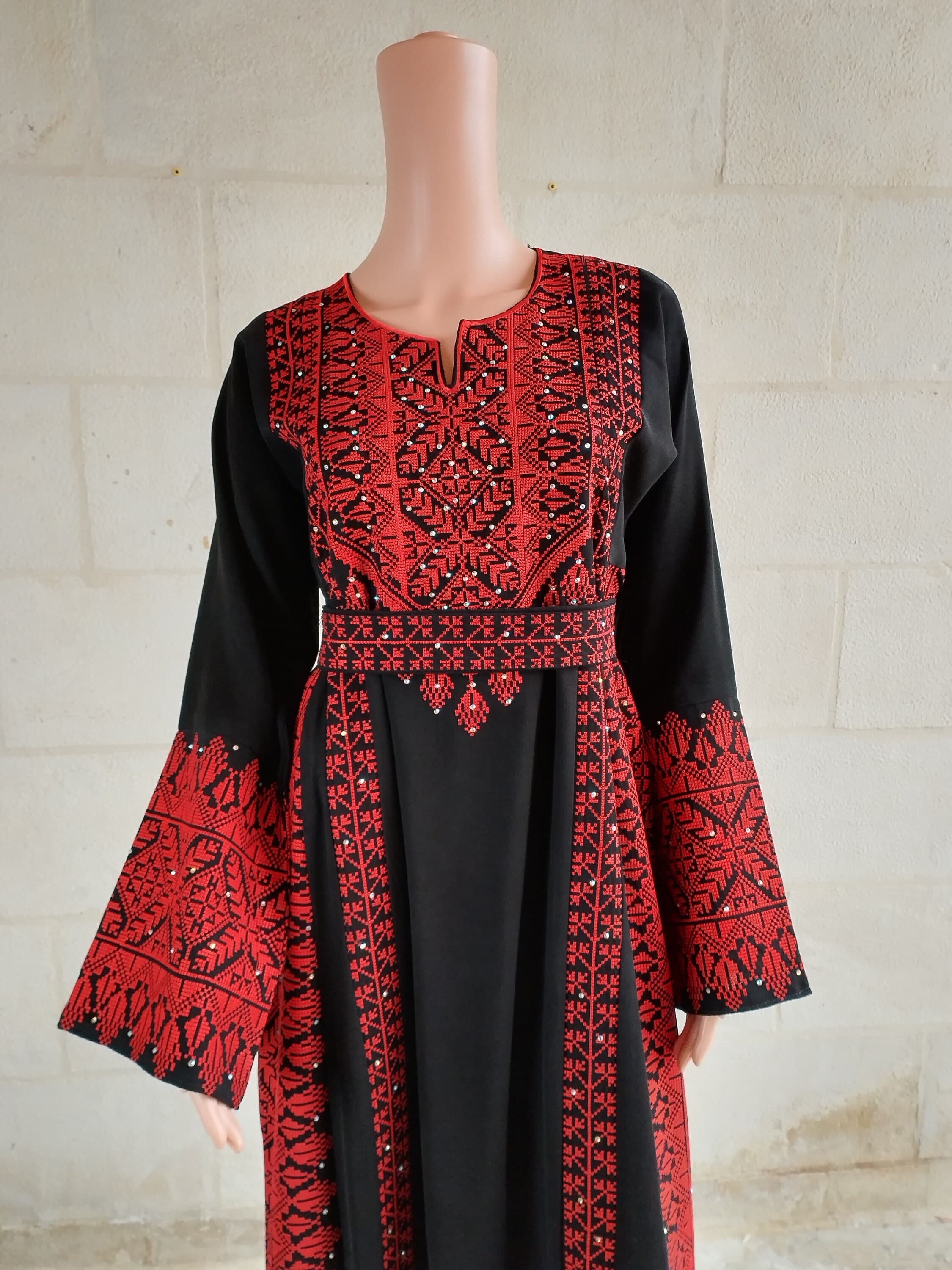 Palestinian Thobe Maxi Dress Tatreez Embroidery Six Strips Red - image 3