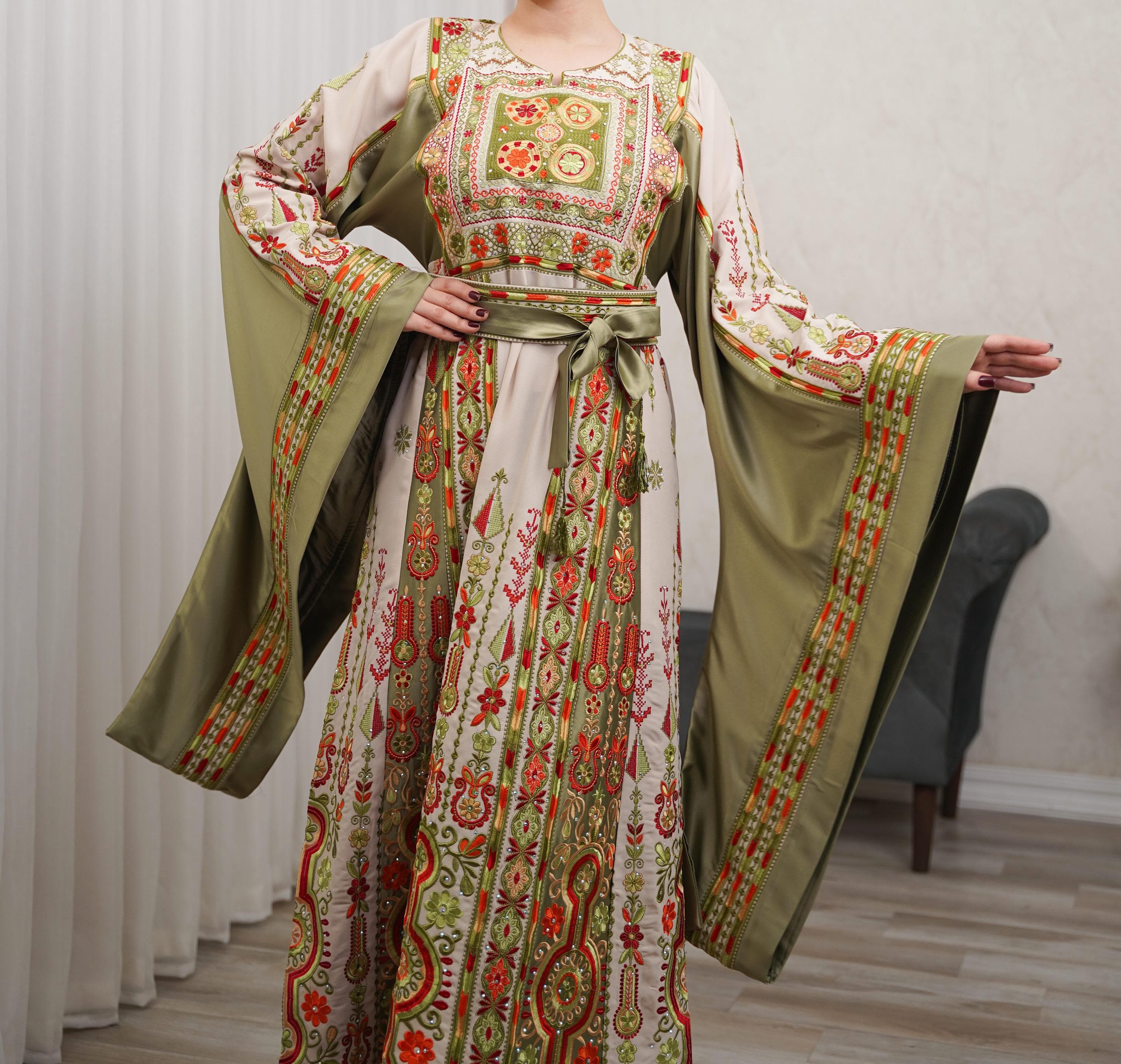 Palestinian Thobe Tatreez Dress Luxury Fellahi Cappuccino and Green with extended sleeves. - image 3