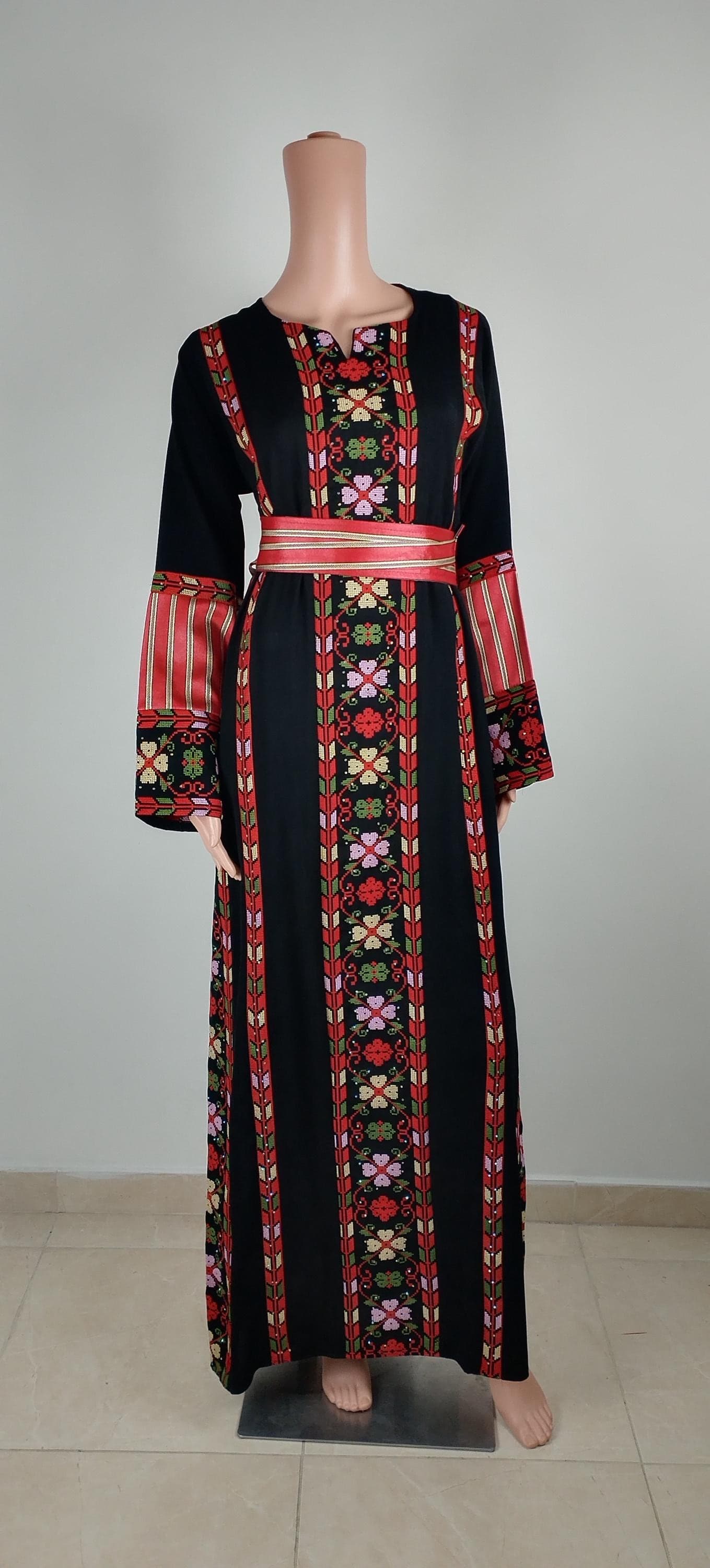 Palestinian Thobe Tatreez Dress Black and Red  with Kashmir Belt Included.