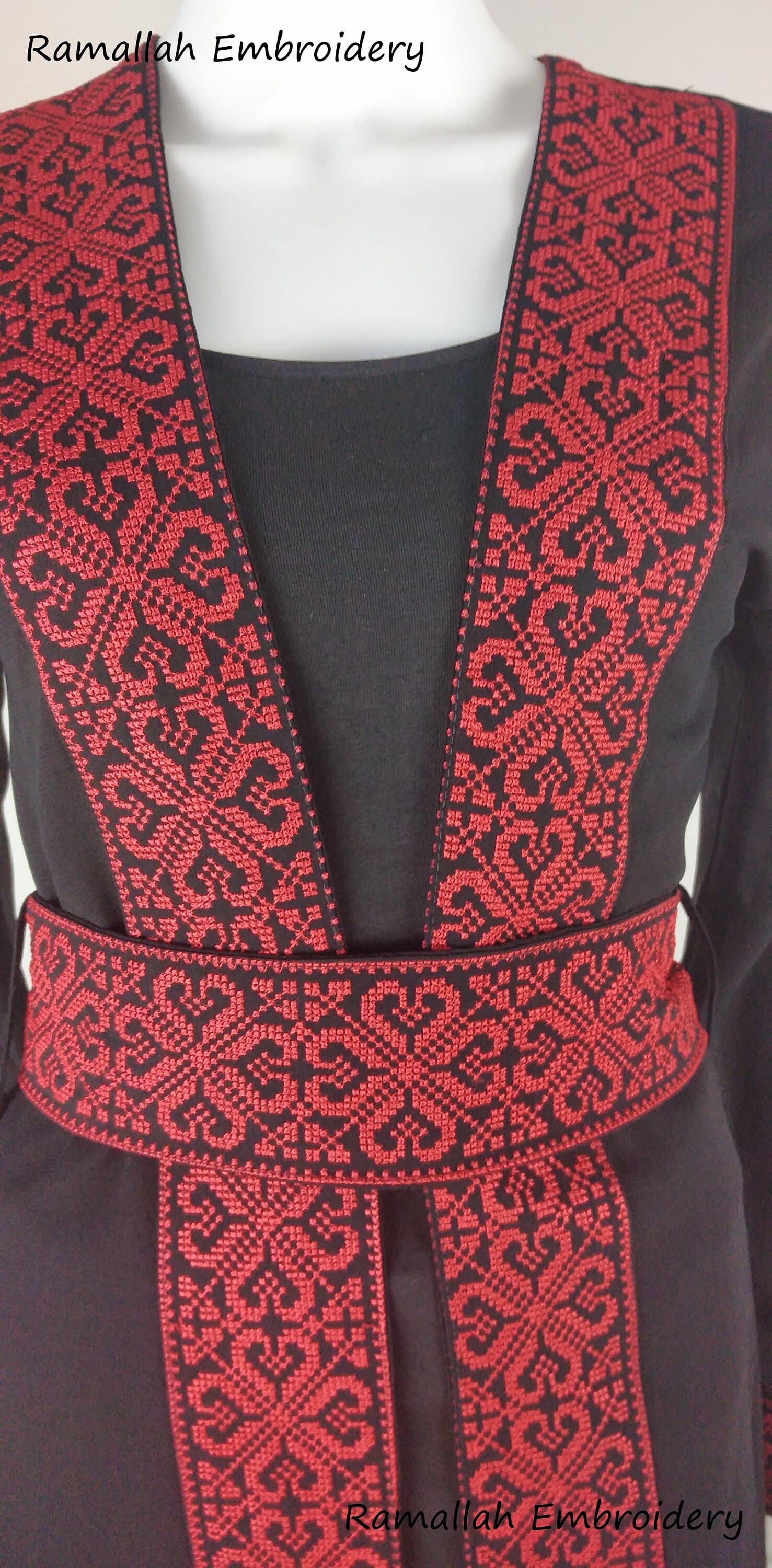 Palestinian Embroidered Open Abaya Black And Red Amazing Bisht See Through - image 4