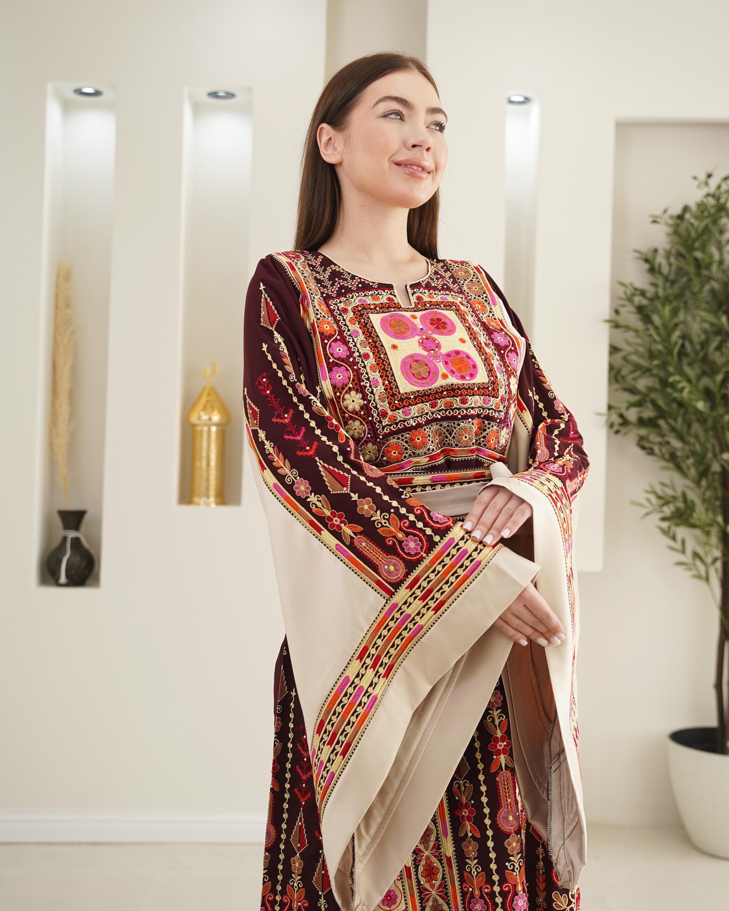 Palestinian Thobe Tatreez Dress Luxury Fellahi Burgundy and Golden Sailor - image 5