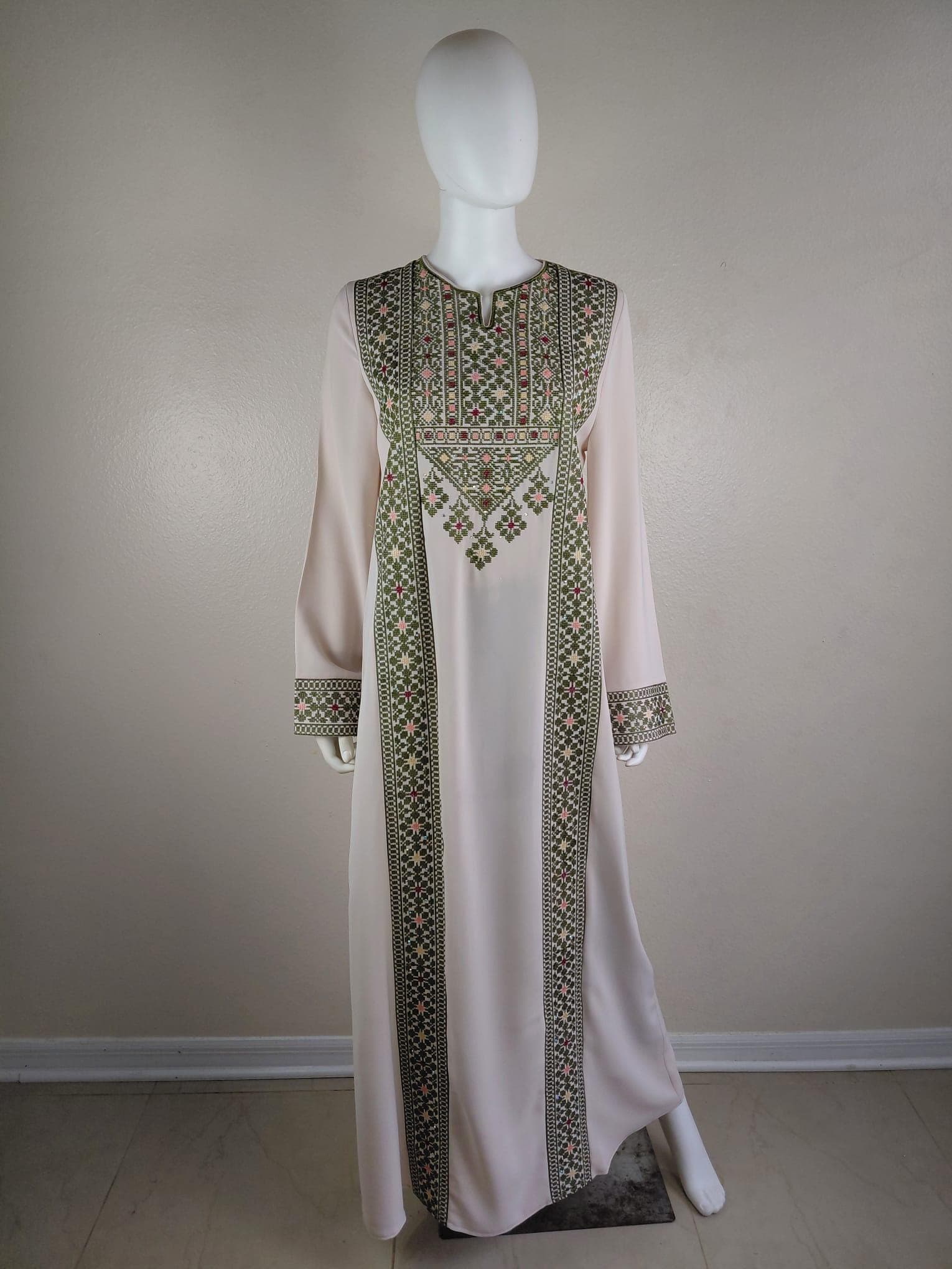 Palestinian Embroidery Thobe Thob Maxi Dress Cappuccino and Green Embroidery.