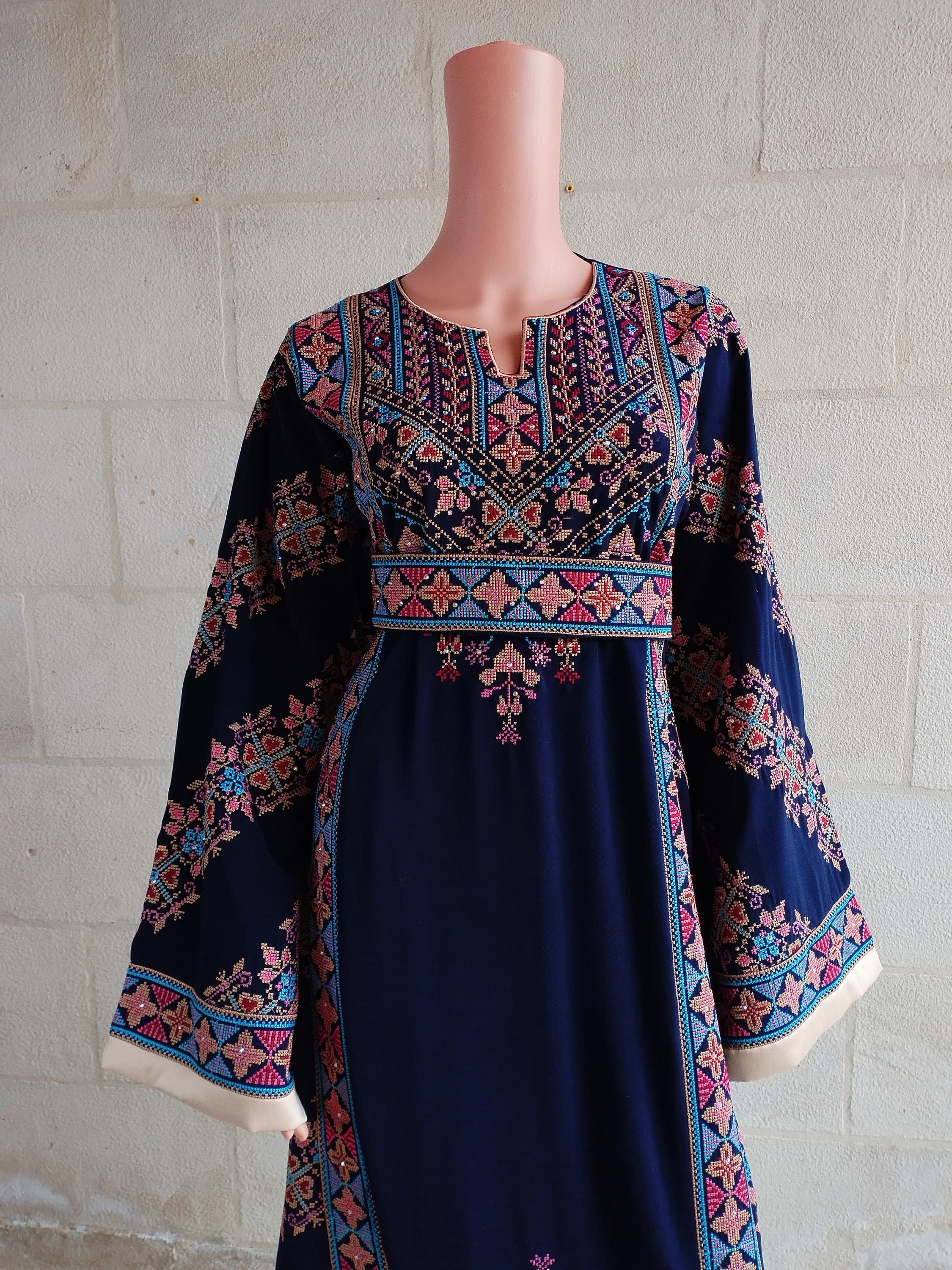 Palestinian Thobe Tatreez Dress Navy Blue and Red Embroidery connect - image 3
