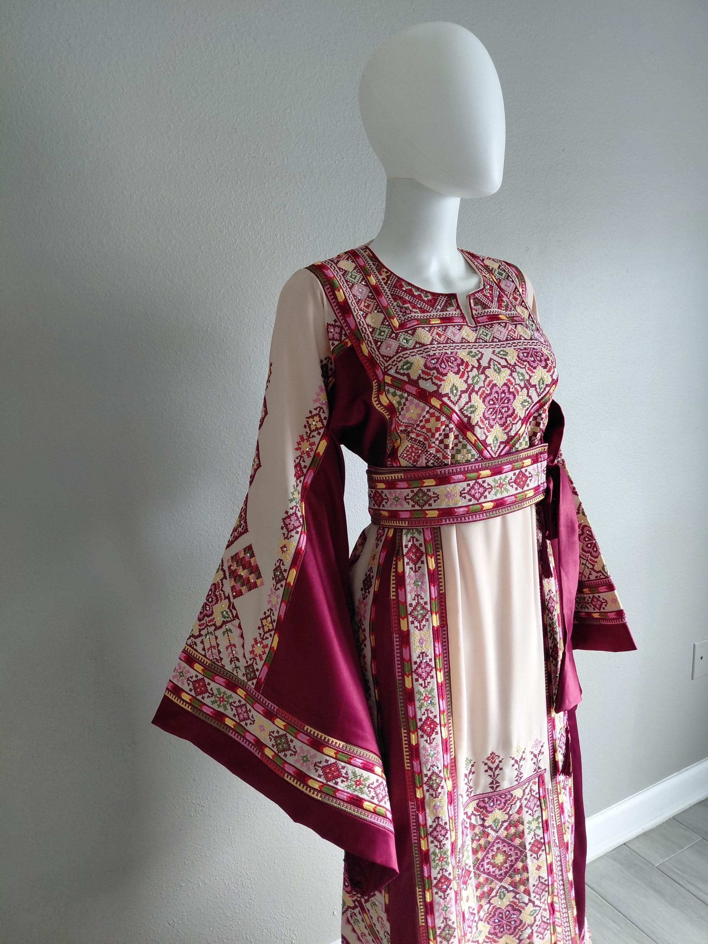 Palestinian Thobe Tatreez Dress Luxury Fellahi Cappuccino and Burgundy Satin - image 4