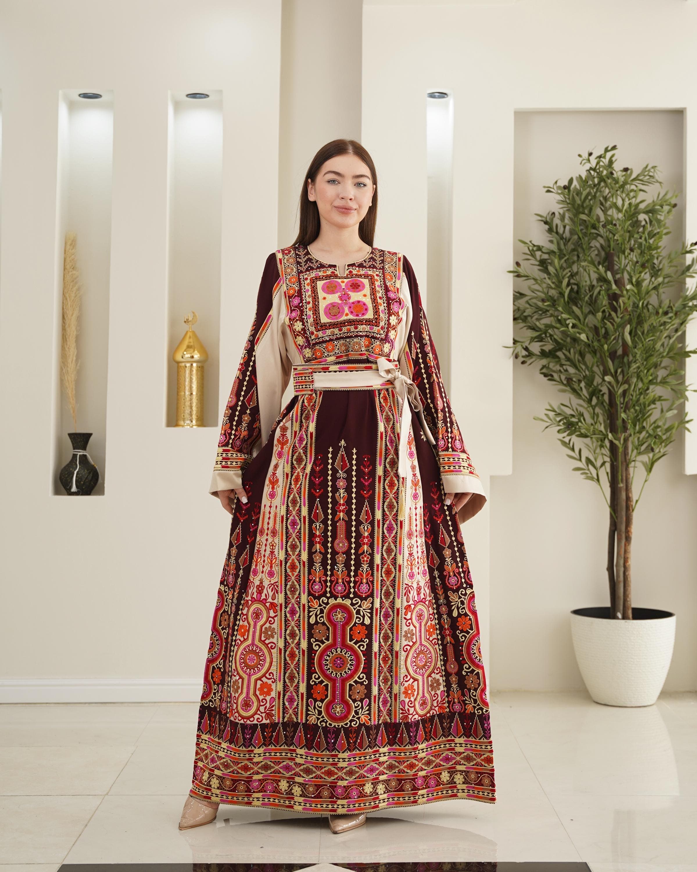 Palestinian Thobe Tatreez Dress Luxury Fellahi Burgundy and Golden Sailor - image 4