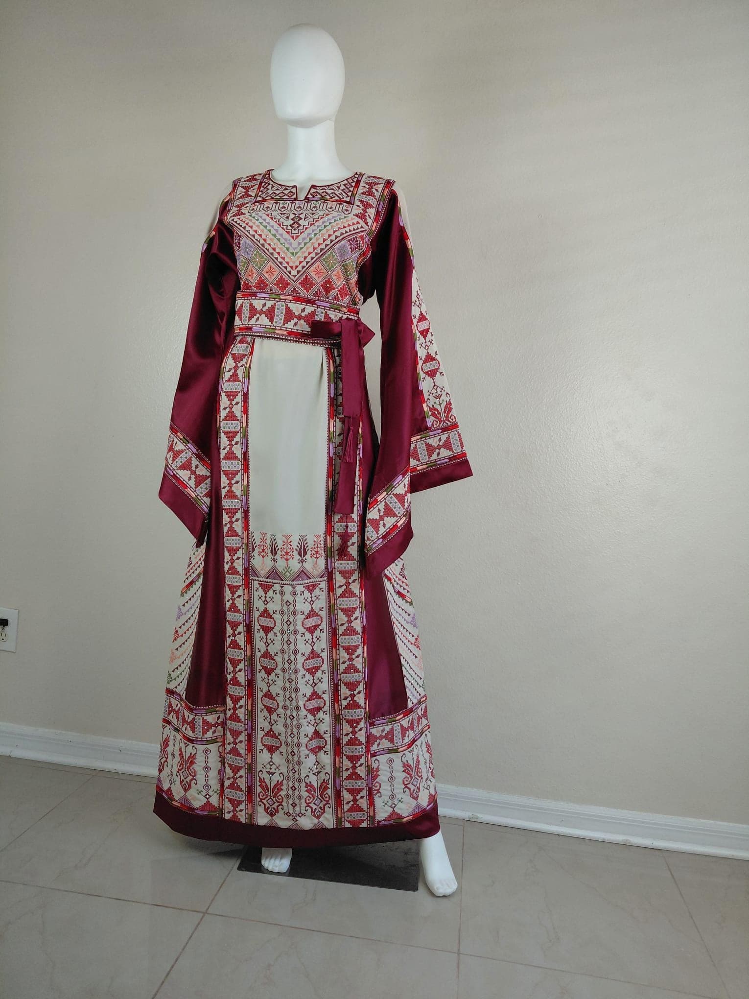 Palestinian Thobe Tatreez Dress Luxury Fellahi Cappuccino and Burgundy Elegance