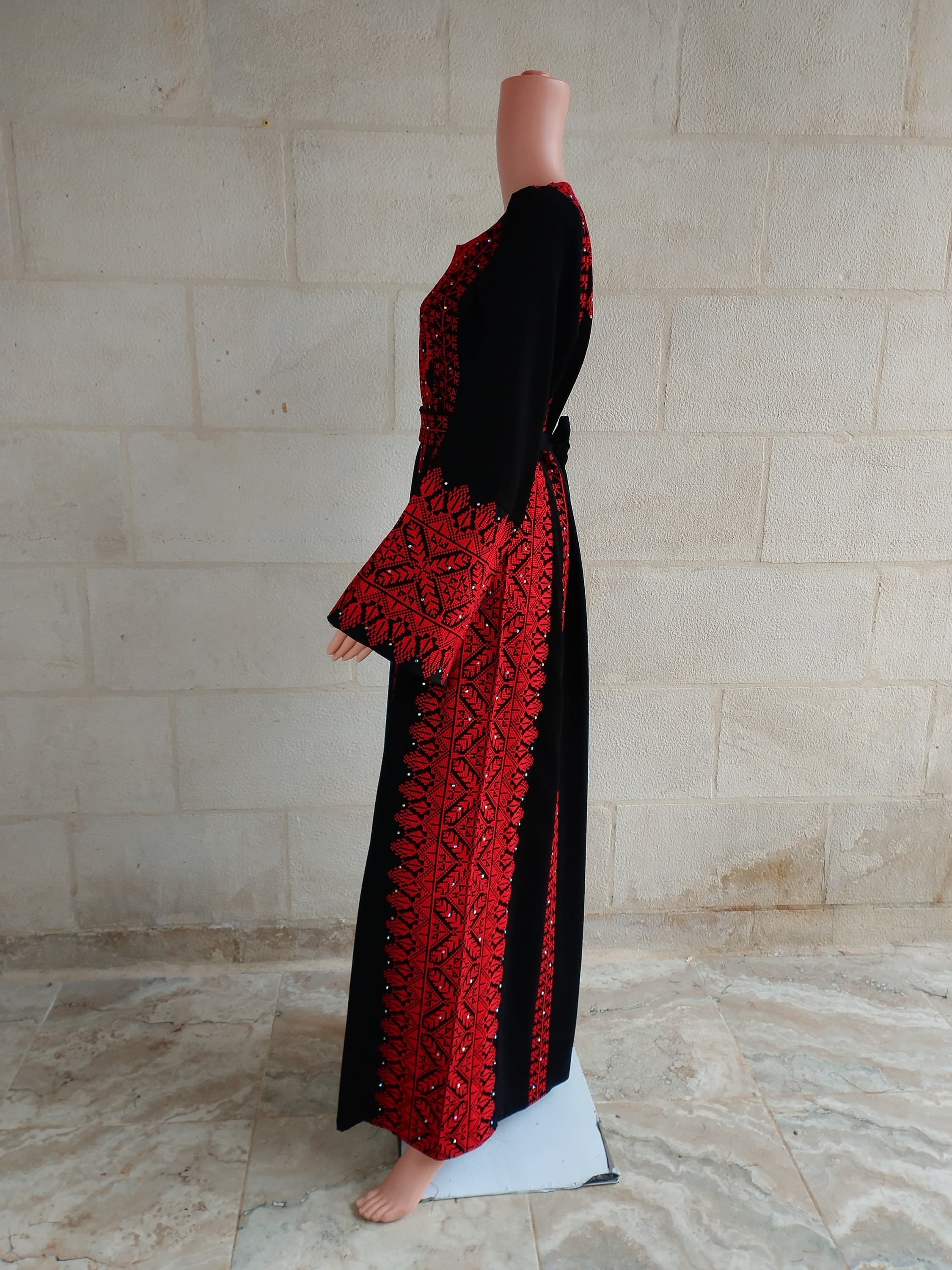 Palestinian Thobe Maxi Dress Tatreez Embroidery Six Strips Red - image 5