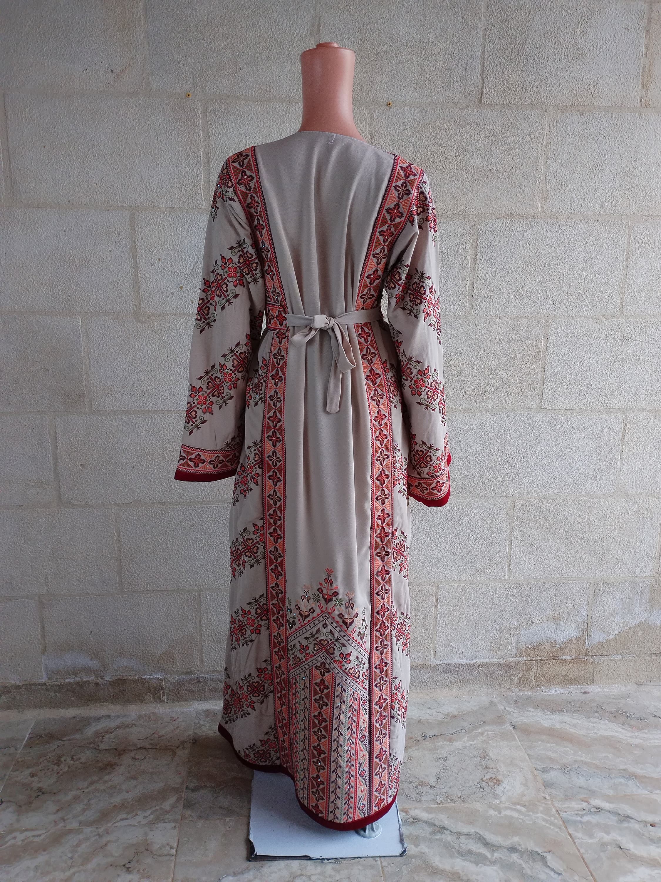 Palestinian Thobe Tatreez Dress Cappuccino and Burgundy Embroidery connect - image 4