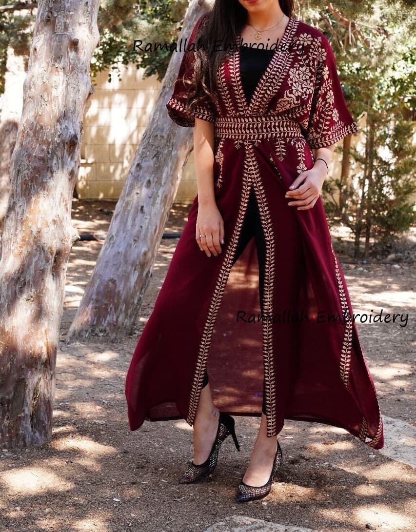 Palestinian Abaya Bisht thobe One Size Burgundy - image 3