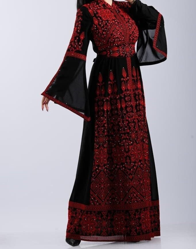 Palestinian Thobe Embroidery Maxi Dress Black and Red Sunbola - image 3