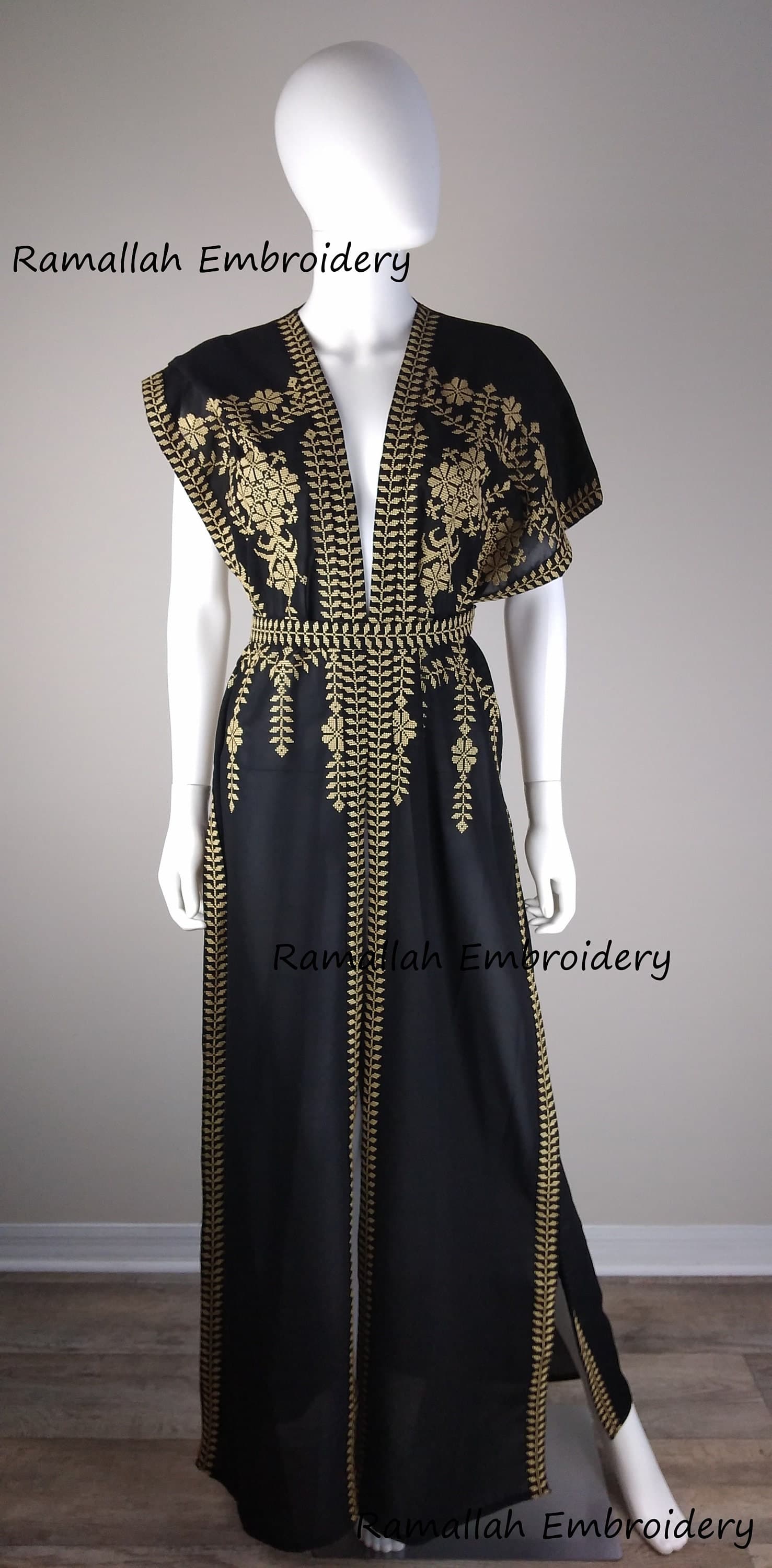 Palestinian thobe One Size Abaya kaftan Black and Golden Embroidery