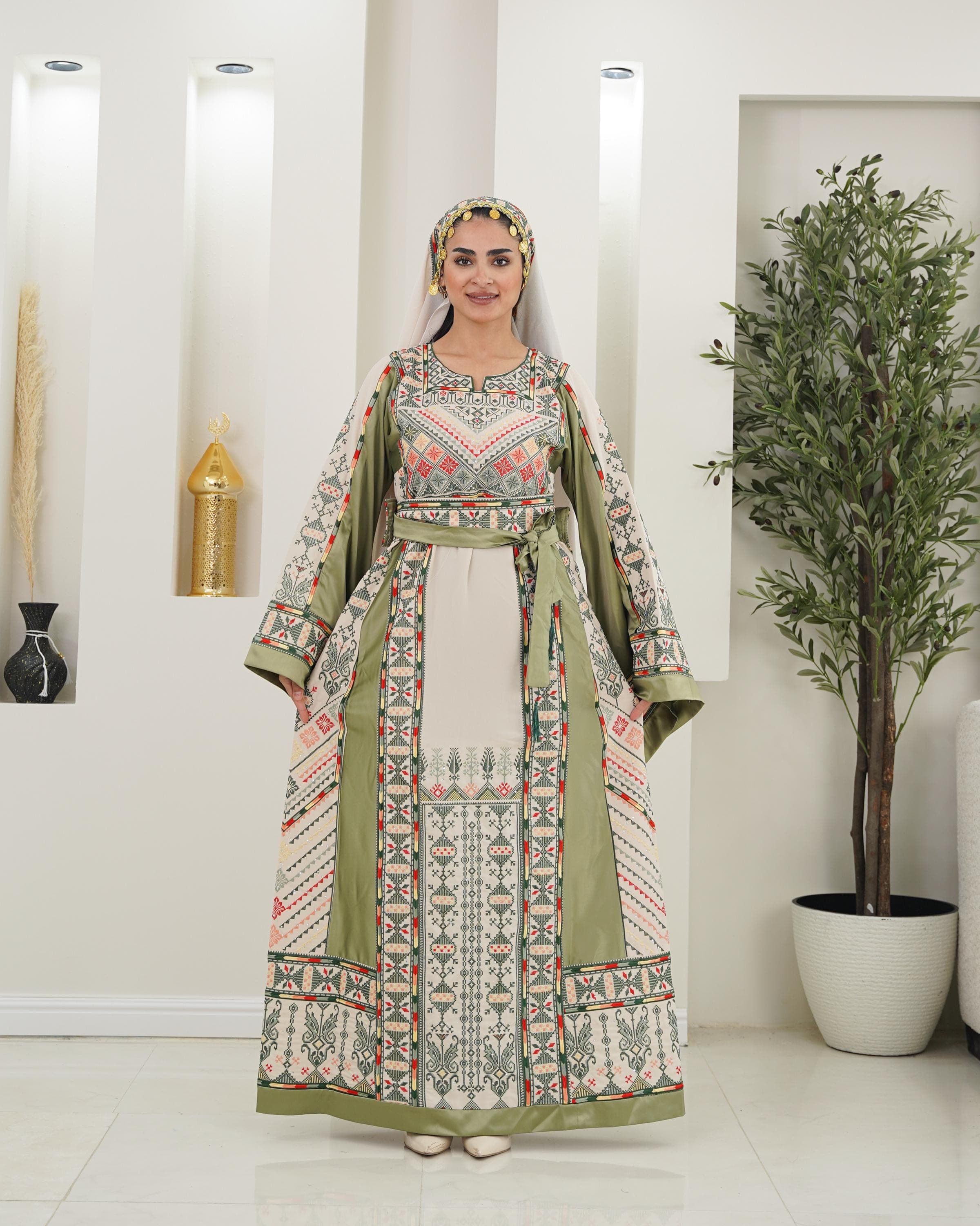 Palestinian Thobe Tatreez Dress Luxury Fellahi Cappuccino and Kiwi Green Elegance. - image 4