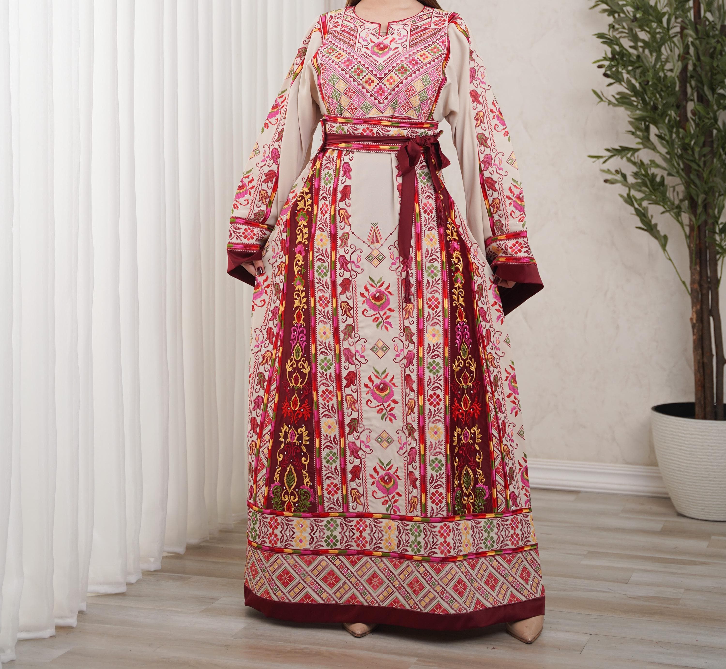 Palestinian Thobe Tatreez Dress Luxury Fellahi Cappuccino and Burgundy Embroidered Satin. - image 4