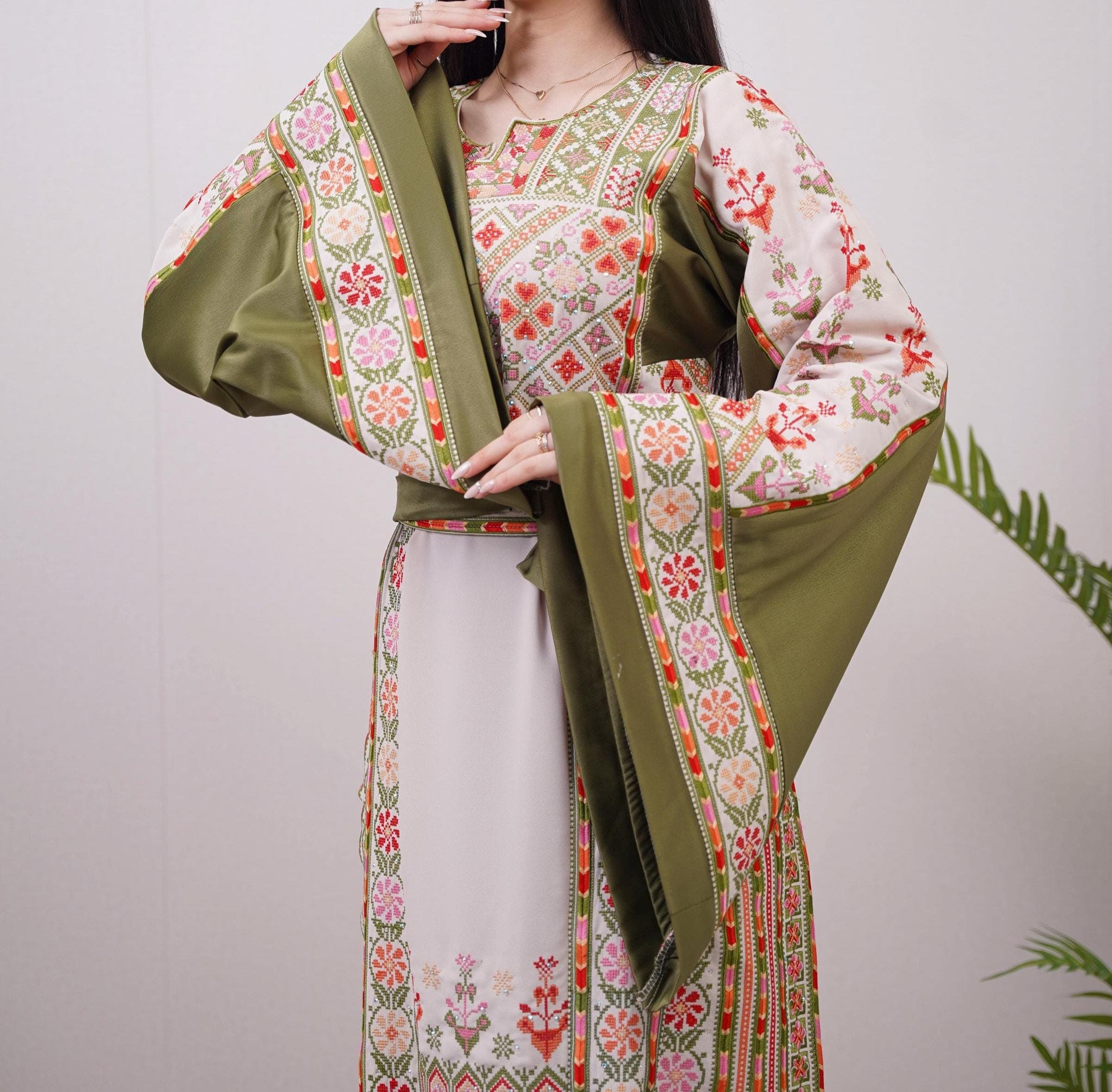 Palestinian Thobe Tatreez Dress Luxury Fellahi Olive Green and Cappuccino.