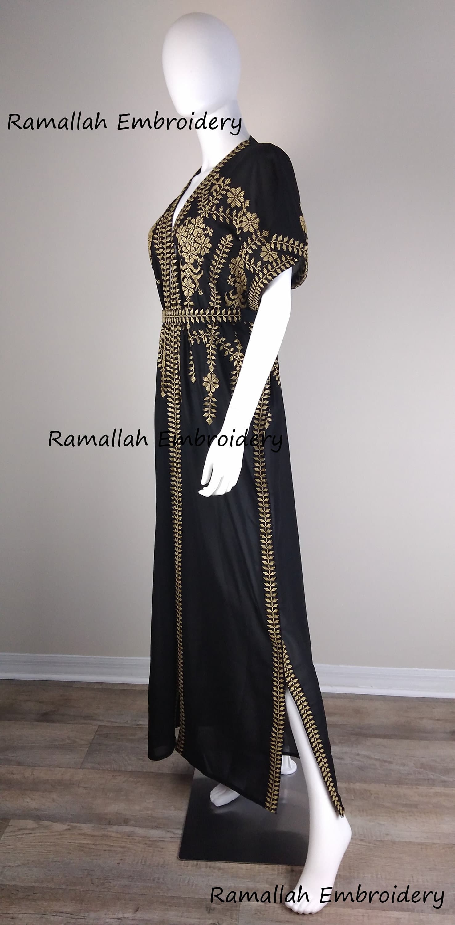 Palestinian thobe One Size Abaya kaftan Black and Golden Embroidery - image 4