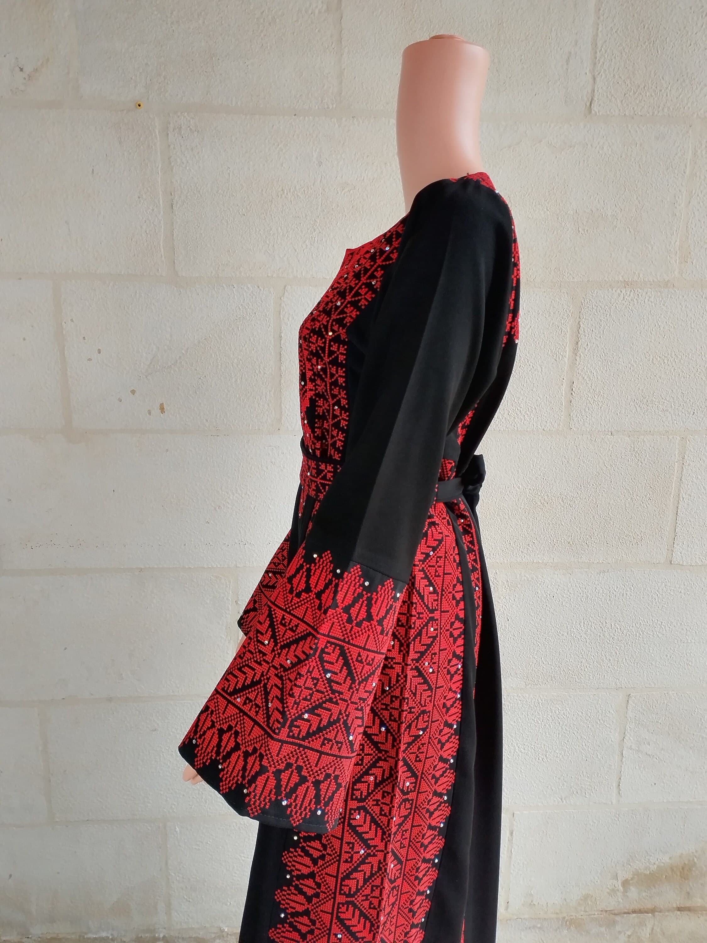 Palestinian Thobe Maxi Dress Tatreez Embroidery Six Strips Red - image 4
