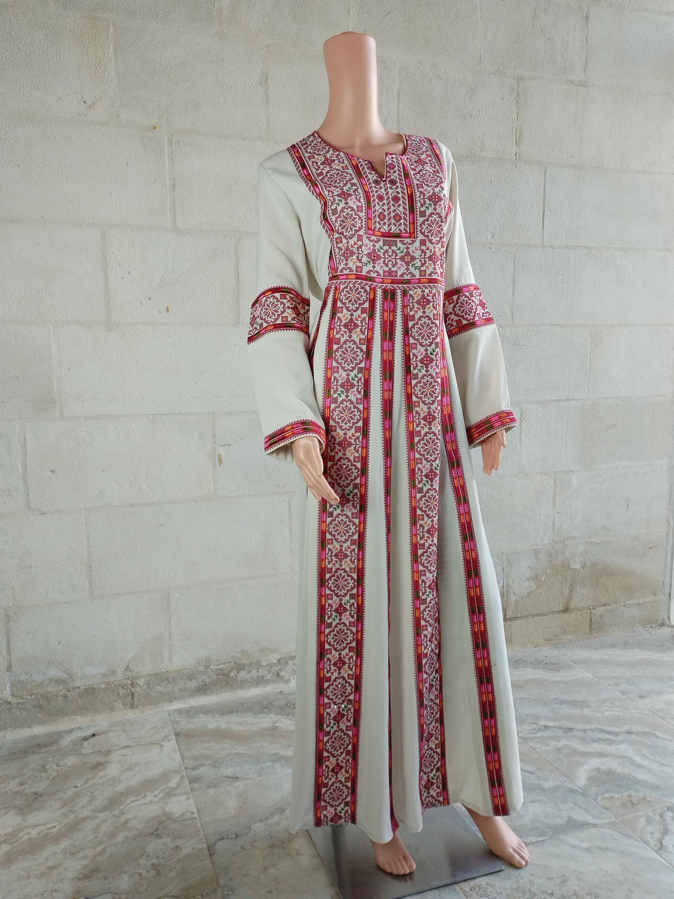 Palestinian Thobe Thob Embroidery Tatreez Cappaccino and Burgundy Manajel 5 Strips - image 5