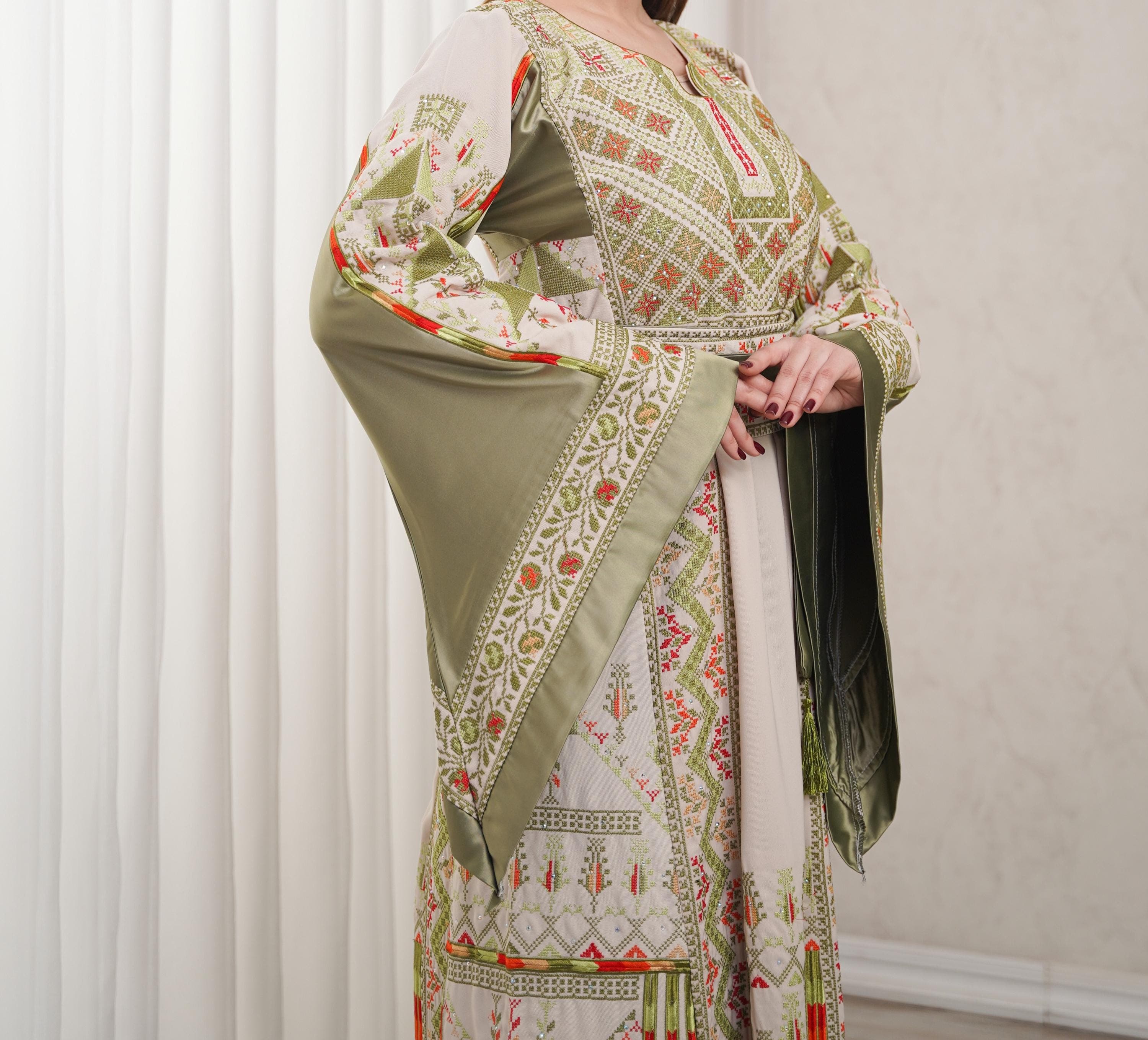 Palestinian Thobe Tatreez Dress Luxury Fellahi Cappuccino and Green Kiwi Satin - image 4