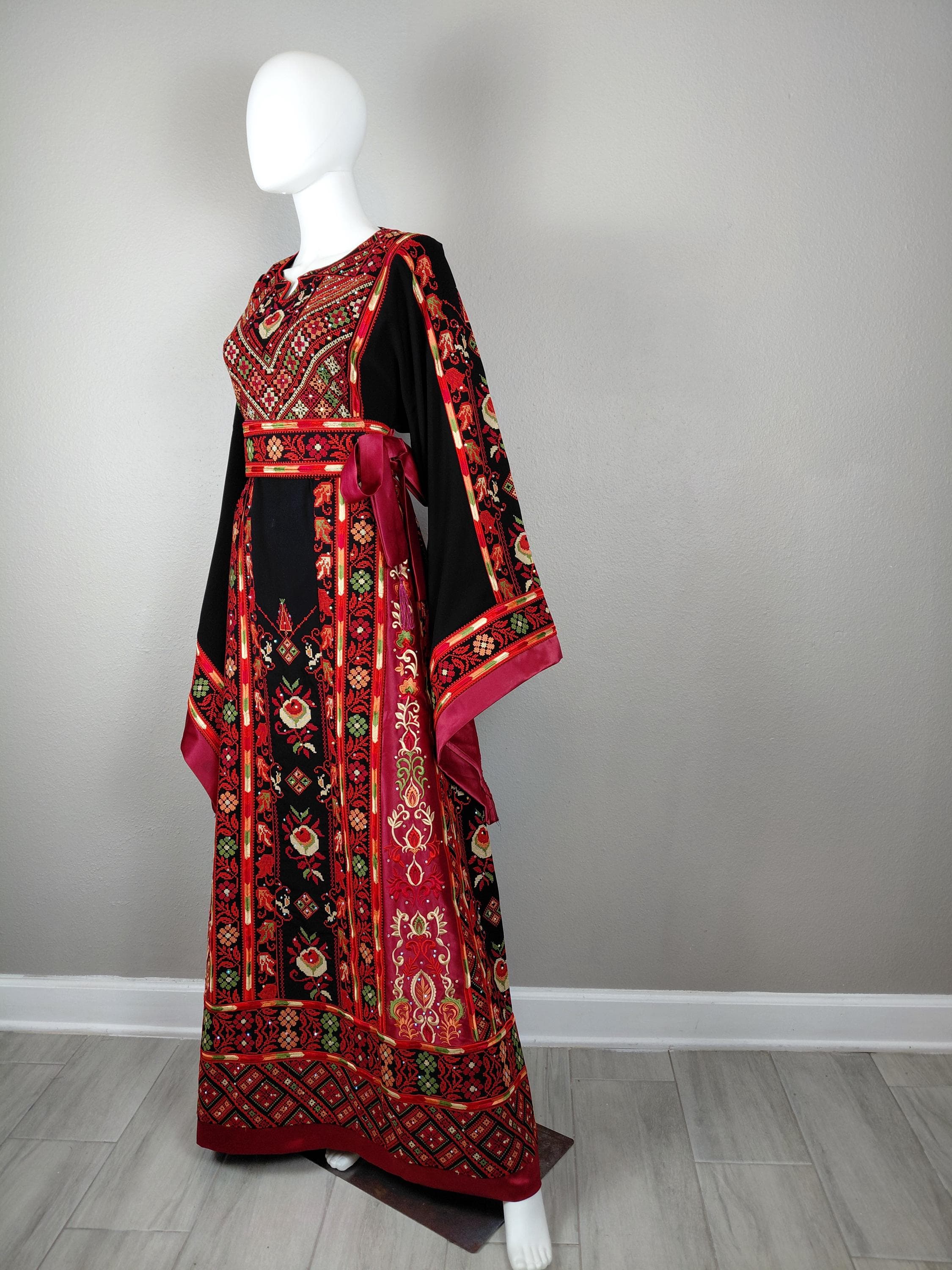 Palestinian Thobe Tatreez Dress Luxury Fellahi Black and Red Embroidered Satin - image 3