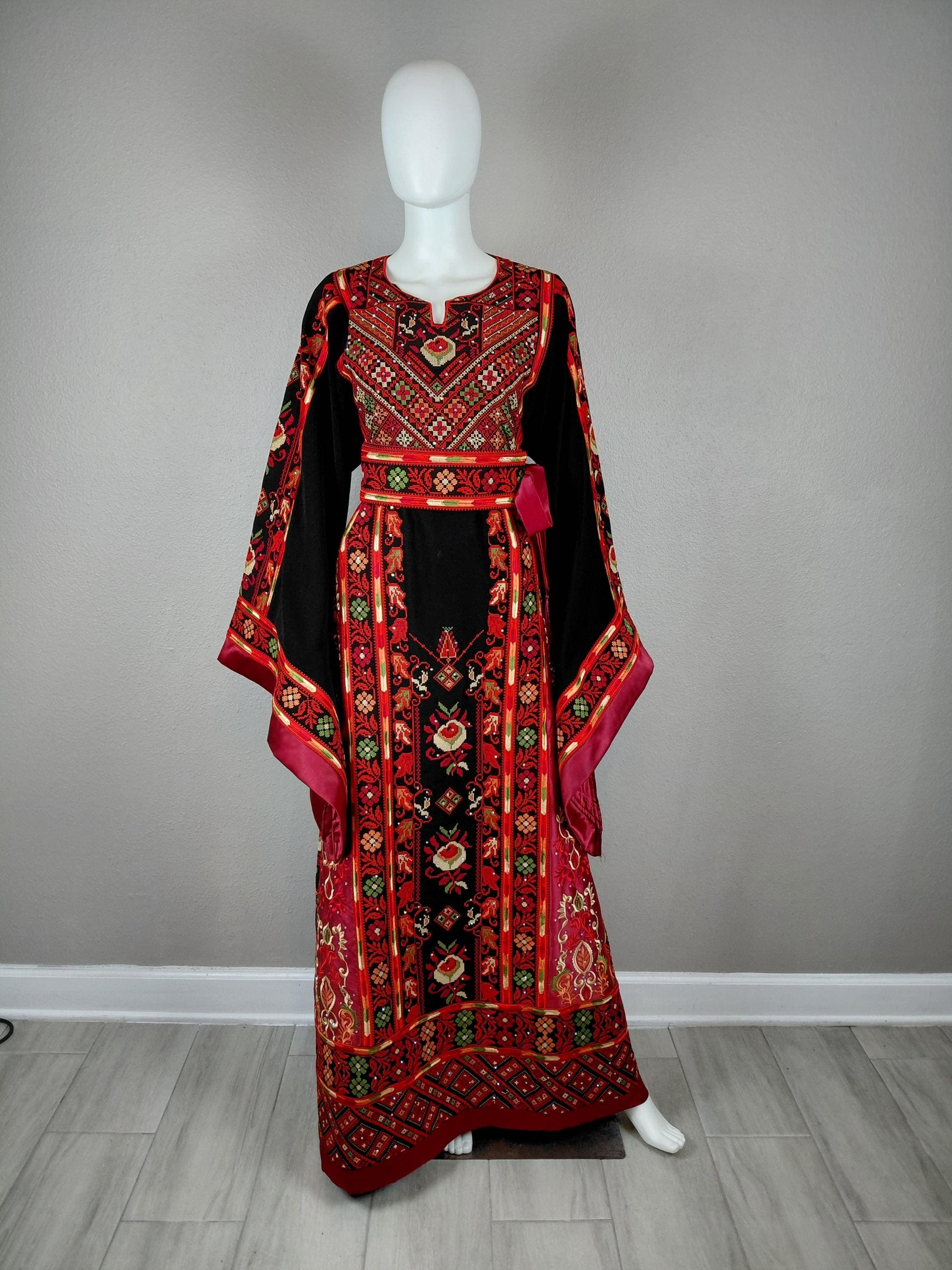 Palestinian Thobe Tatreez Dress Luxury Fellahi Black and Red Embroidered Satin - image 5