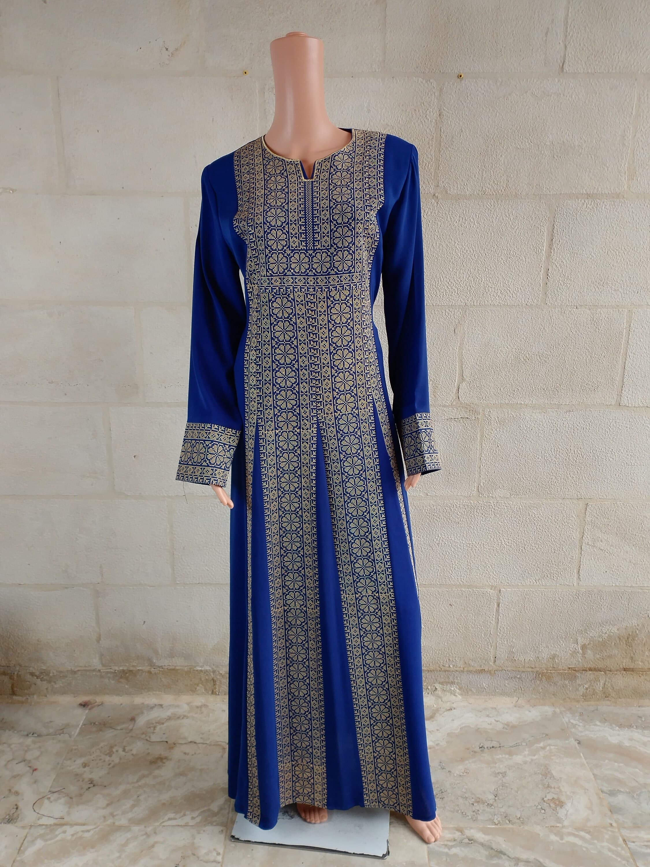 Palestinian thobe Tatreez Dress Blue with Golden Embroidery - image 3