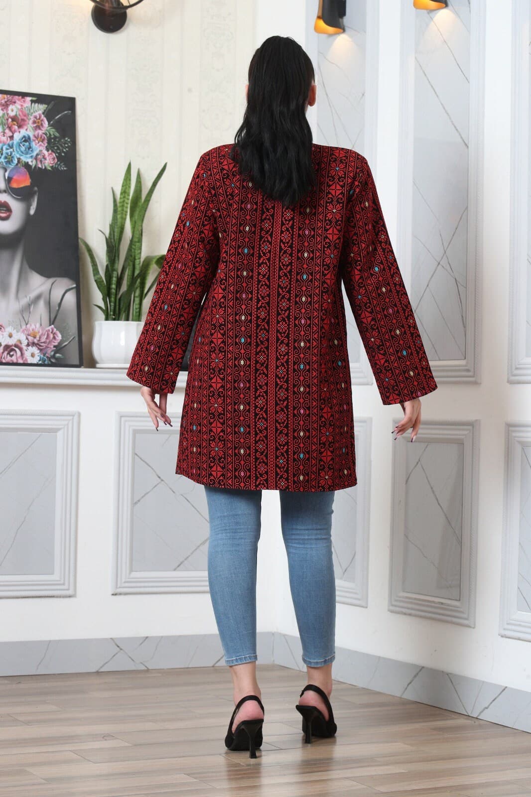 Palestinian Tatreez Embroidery Jacket Black and Red Knee Reach - image 5