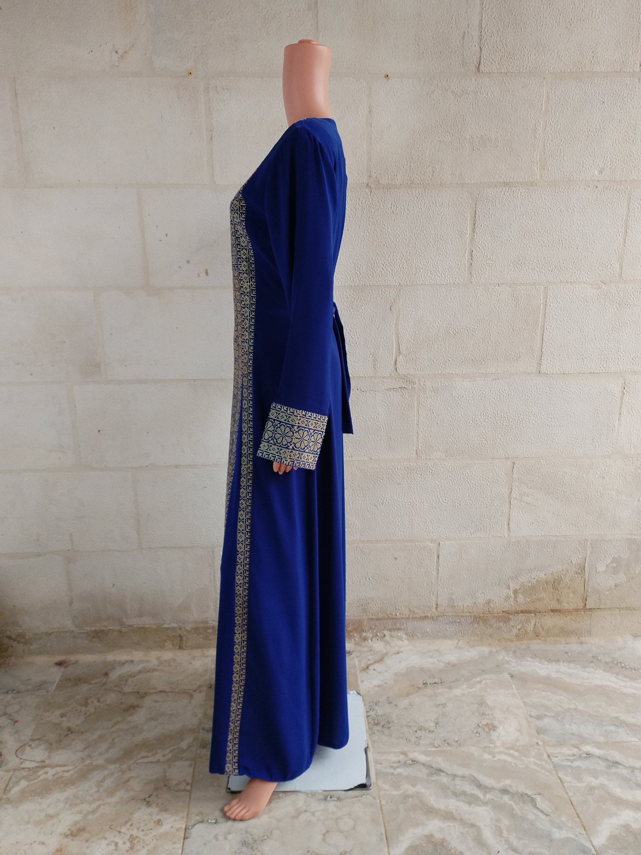 Palestinian thobe Tatreez Dress Blue with Golden Embroidery - image 5