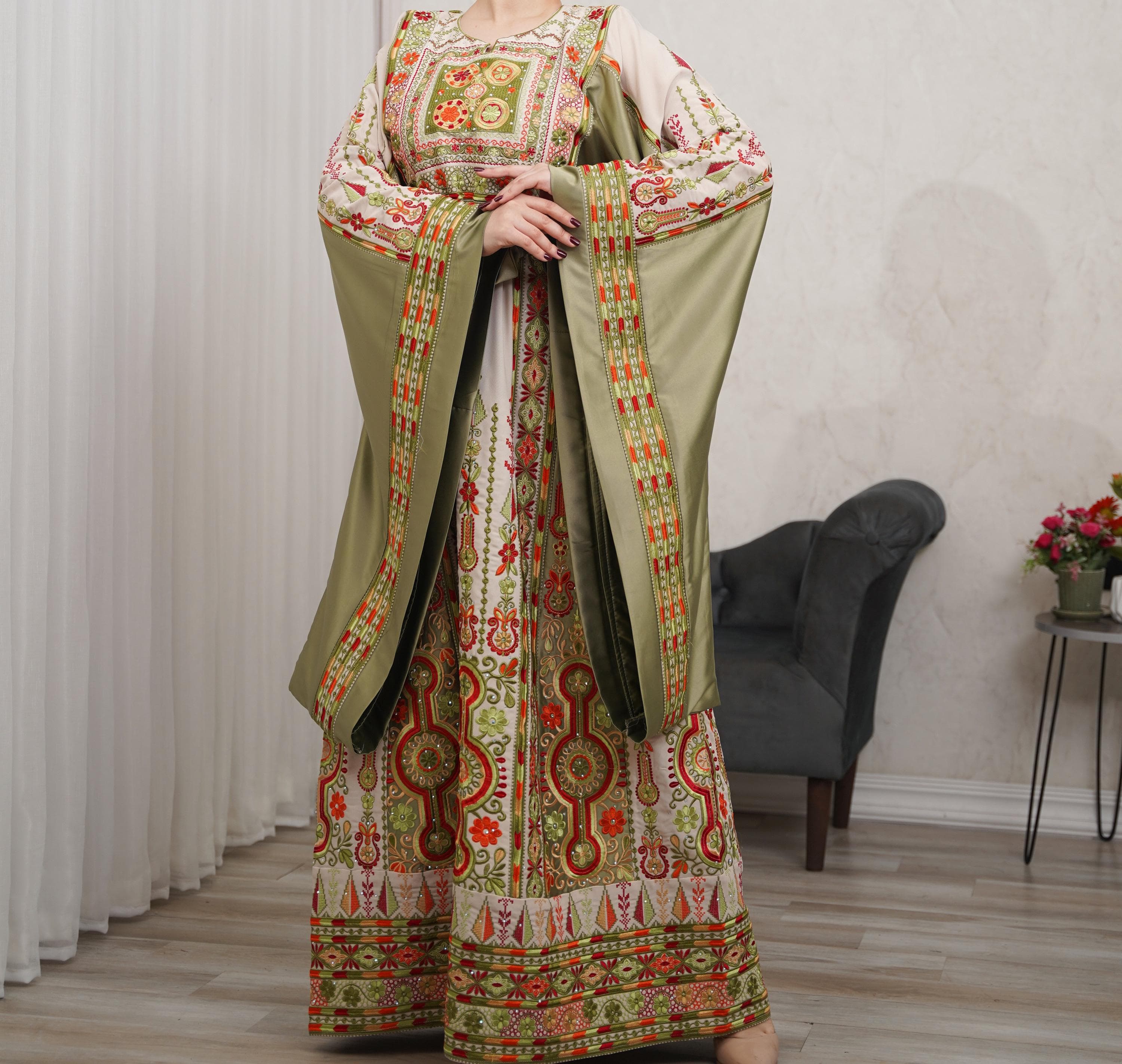 Palestinian Thobe Tatreez Dress Luxury Fellahi Cappuccino and Green with extended sleeves.