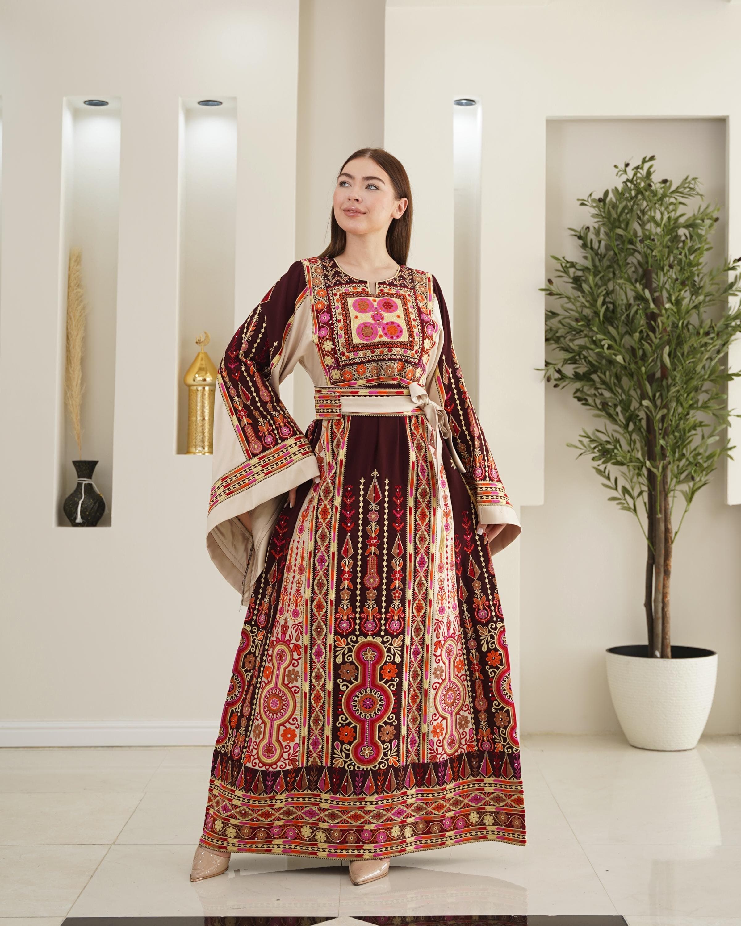 Palestinian Thobe Tatreez Dress Luxury Fellahi Burgundy and Golden Sailor